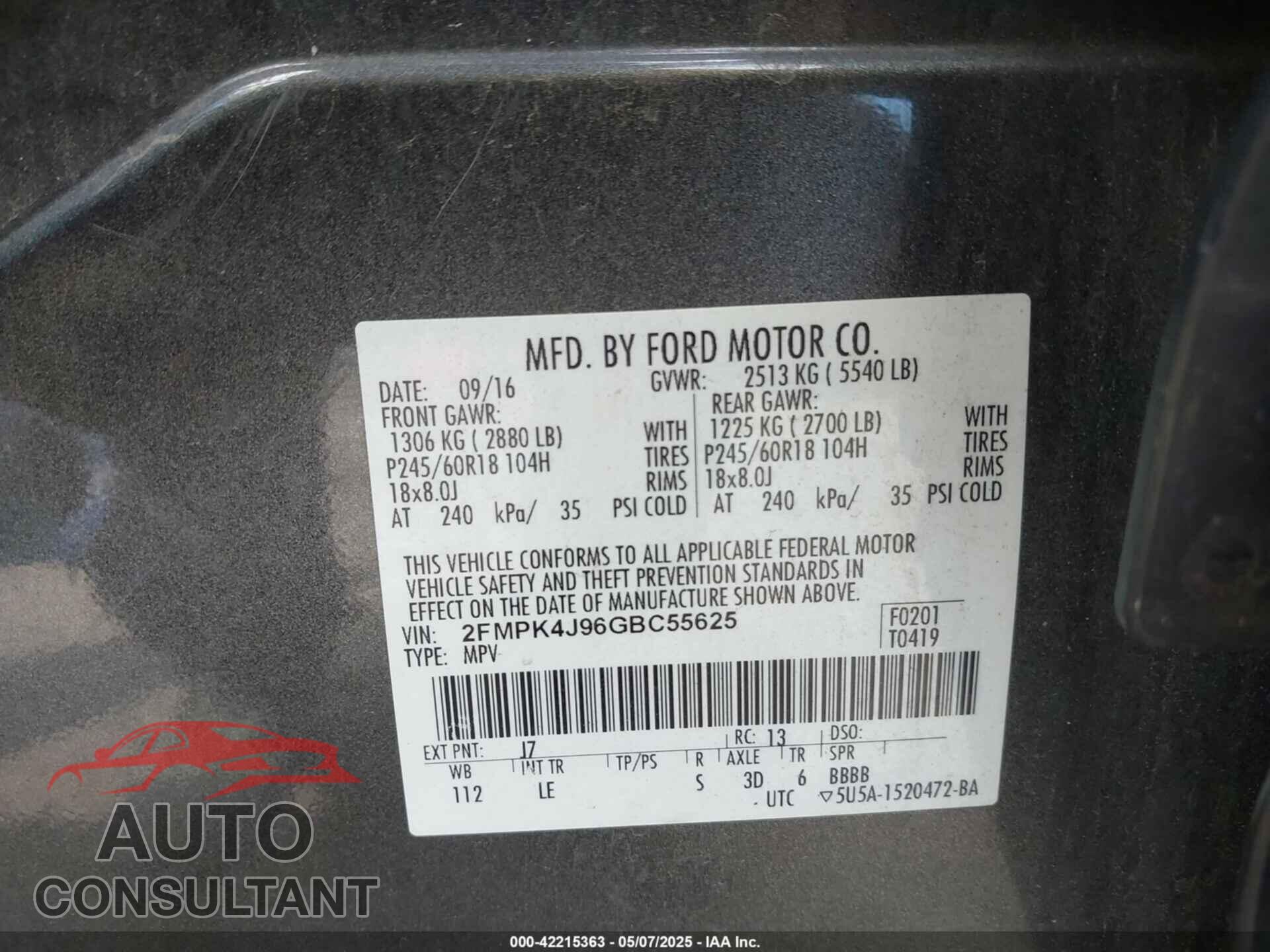 FORD EDGE 2016 - 2FMPK4J96GBC55625