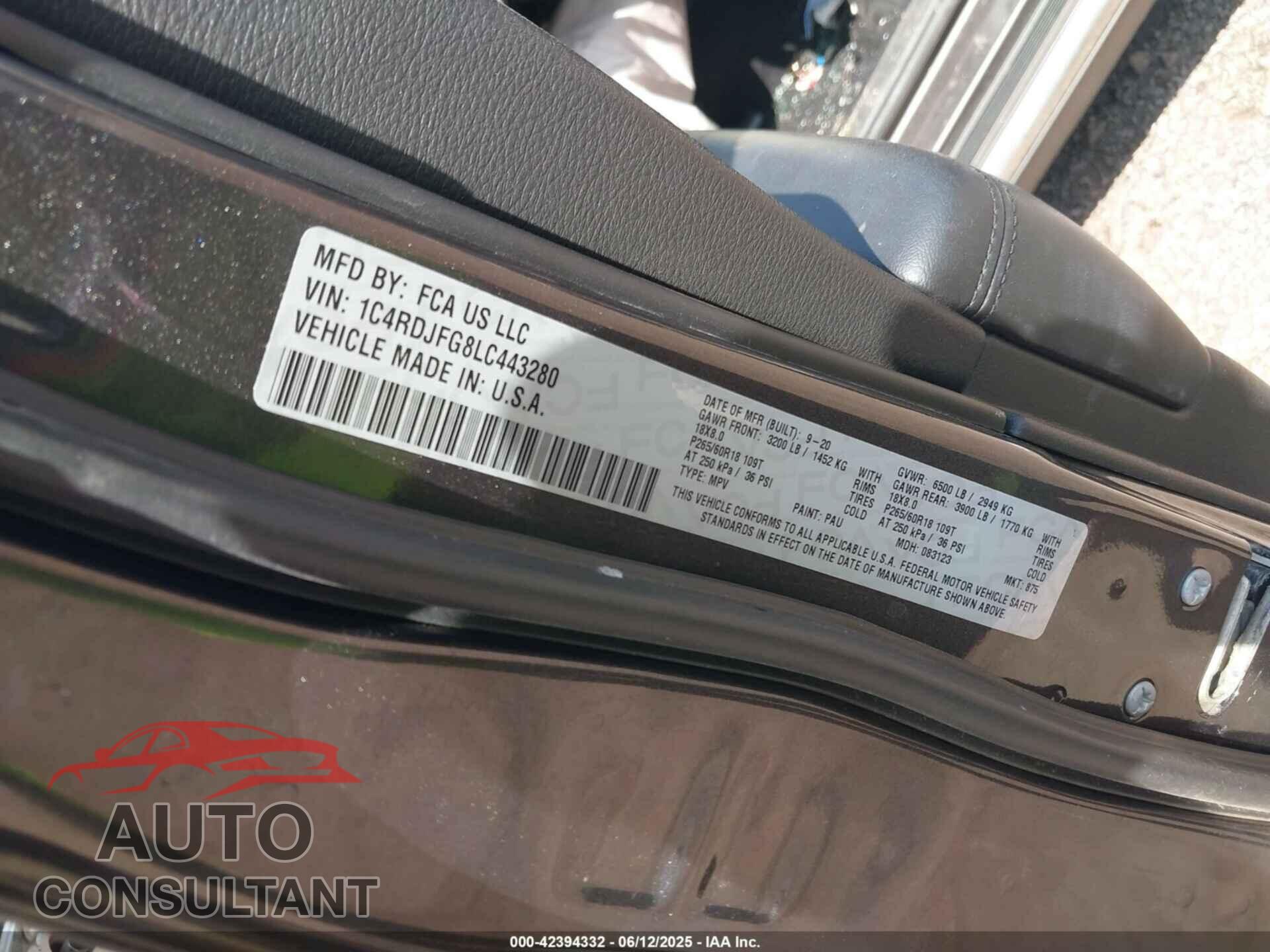 DODGE DURANGO 2020 - 1C4RDJFG8LC443280