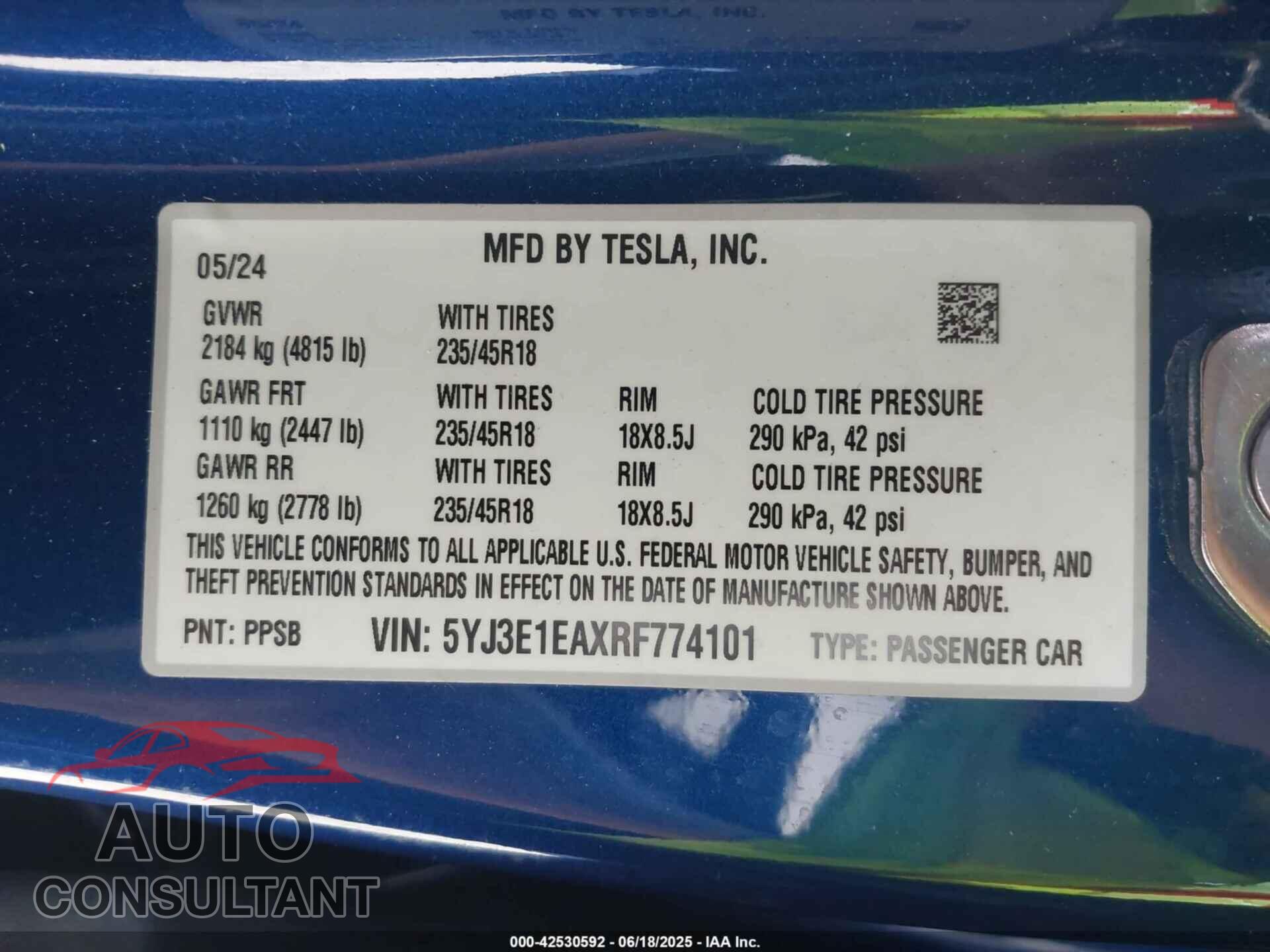 TESLA MODEL 3 2024 - 5YJ3E1EAXRF774101