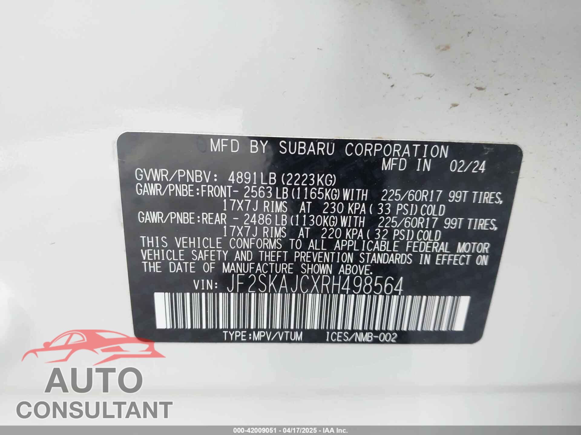 SUBARU FORESTER 2024 - JF2SKAJCXRH498564