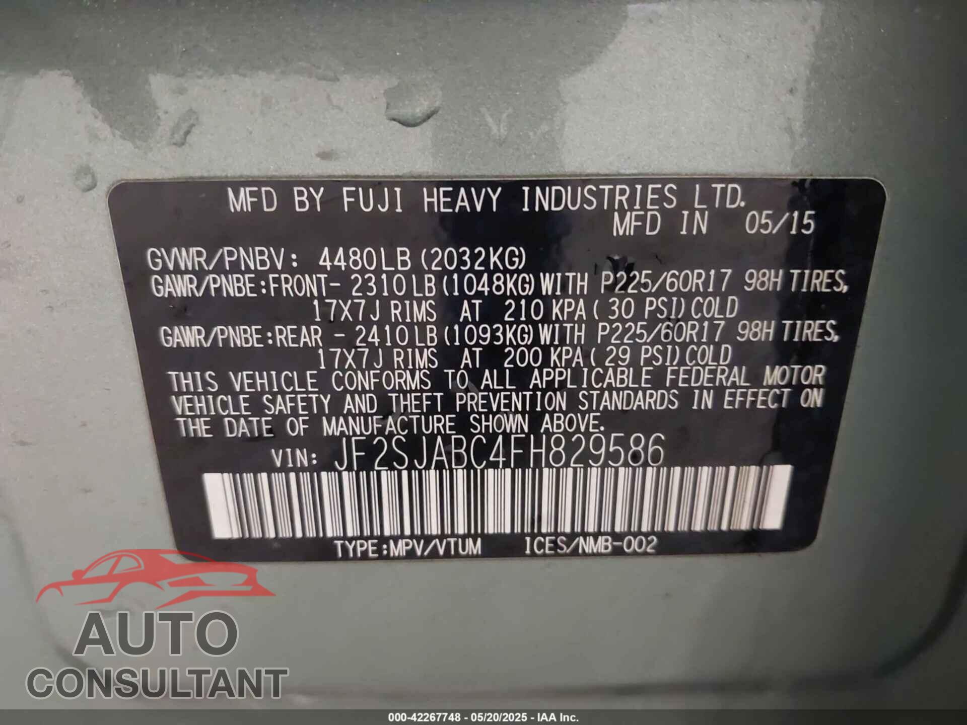 SUBARU FORESTER 2015 - JF2SJABC4FH829586