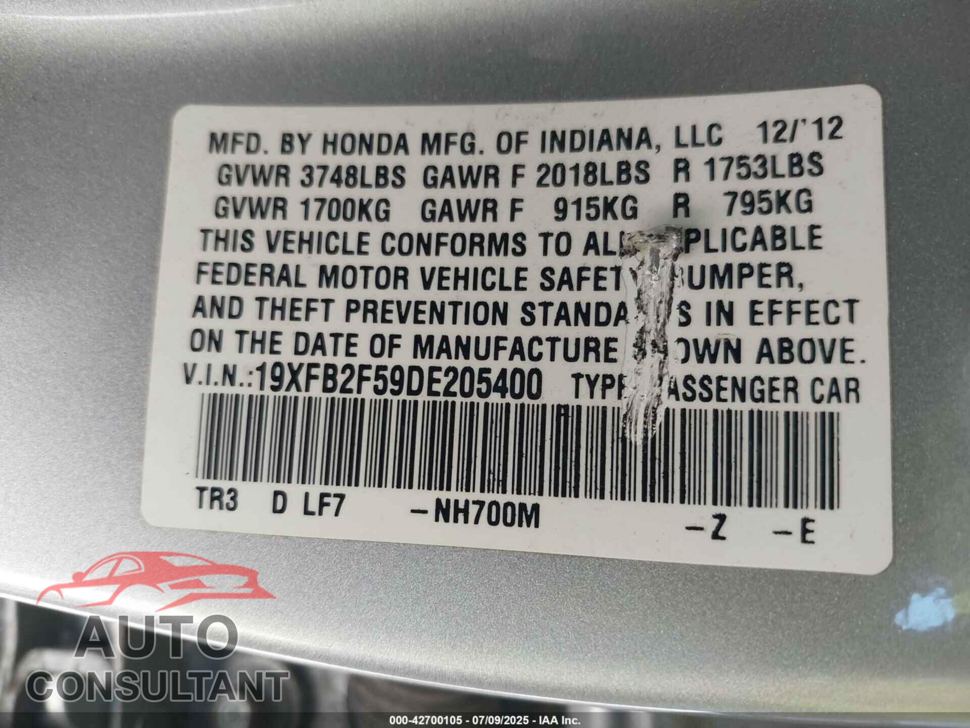 HONDA CIVIC 2013 - 19XFB2F59DE205400