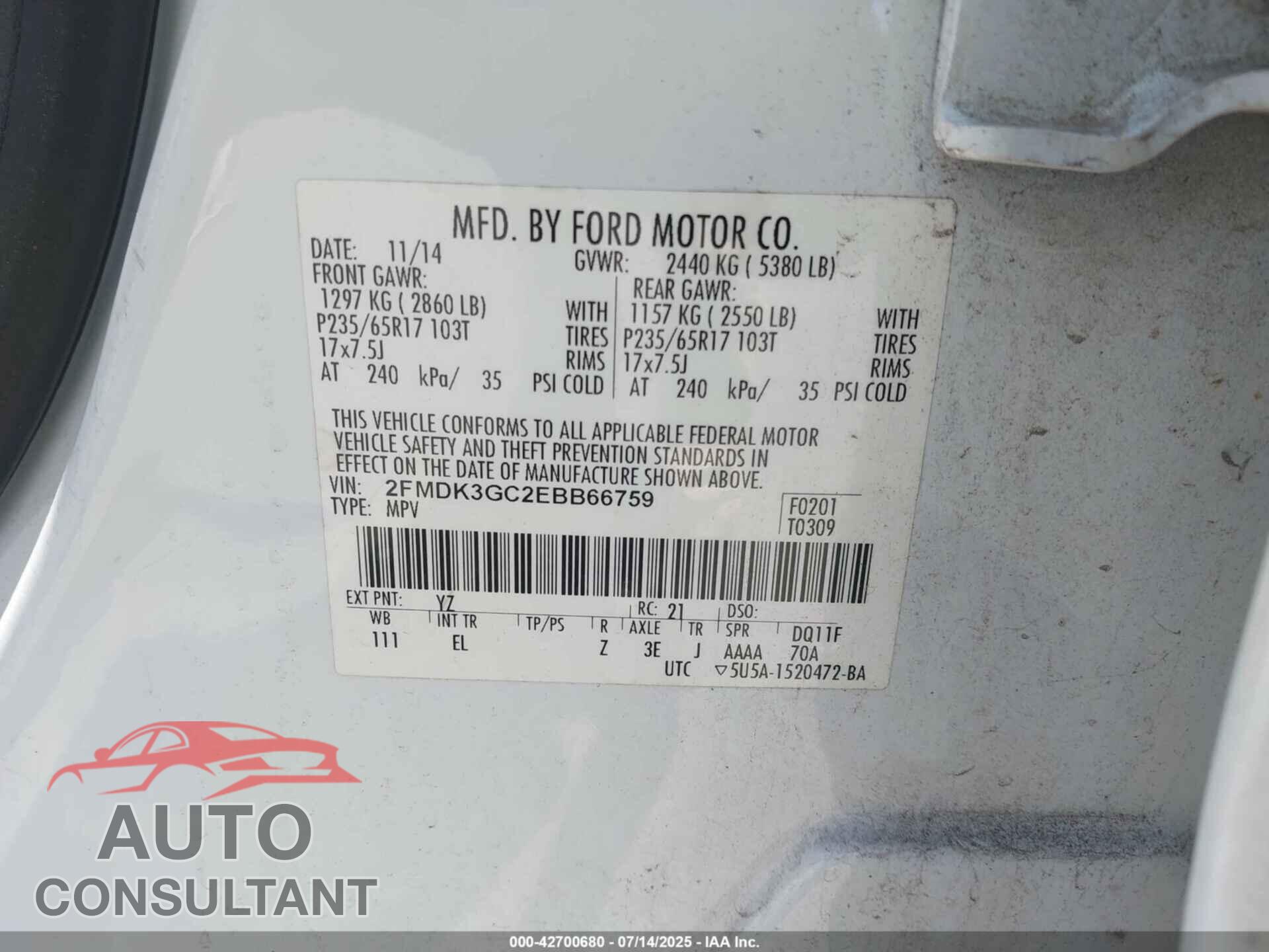 FORD EDGE 2014 - 2FMDK3GC2EBB66759