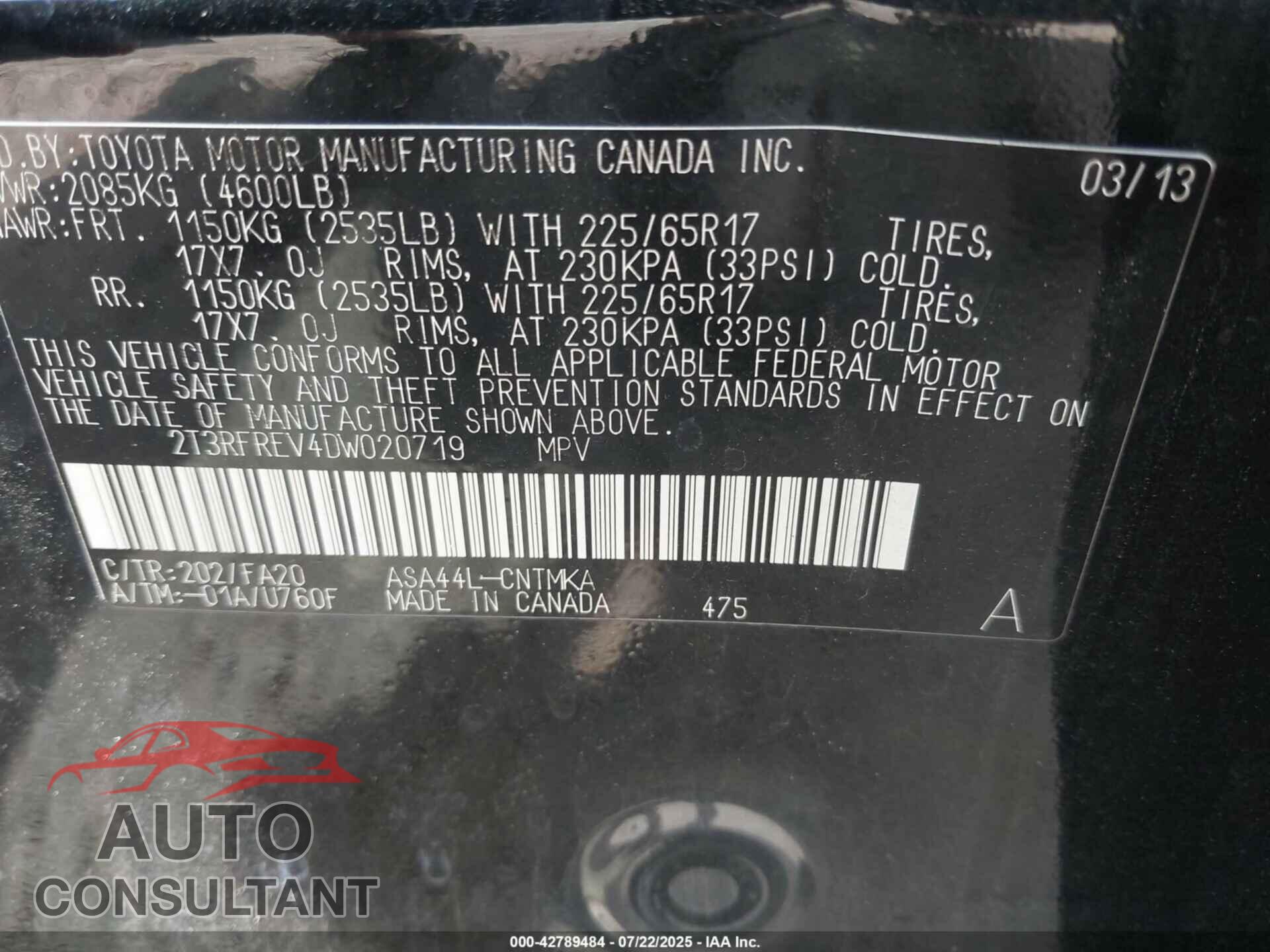 TOYOTA RAV4 2013 - 2T3RFREV4DW020719