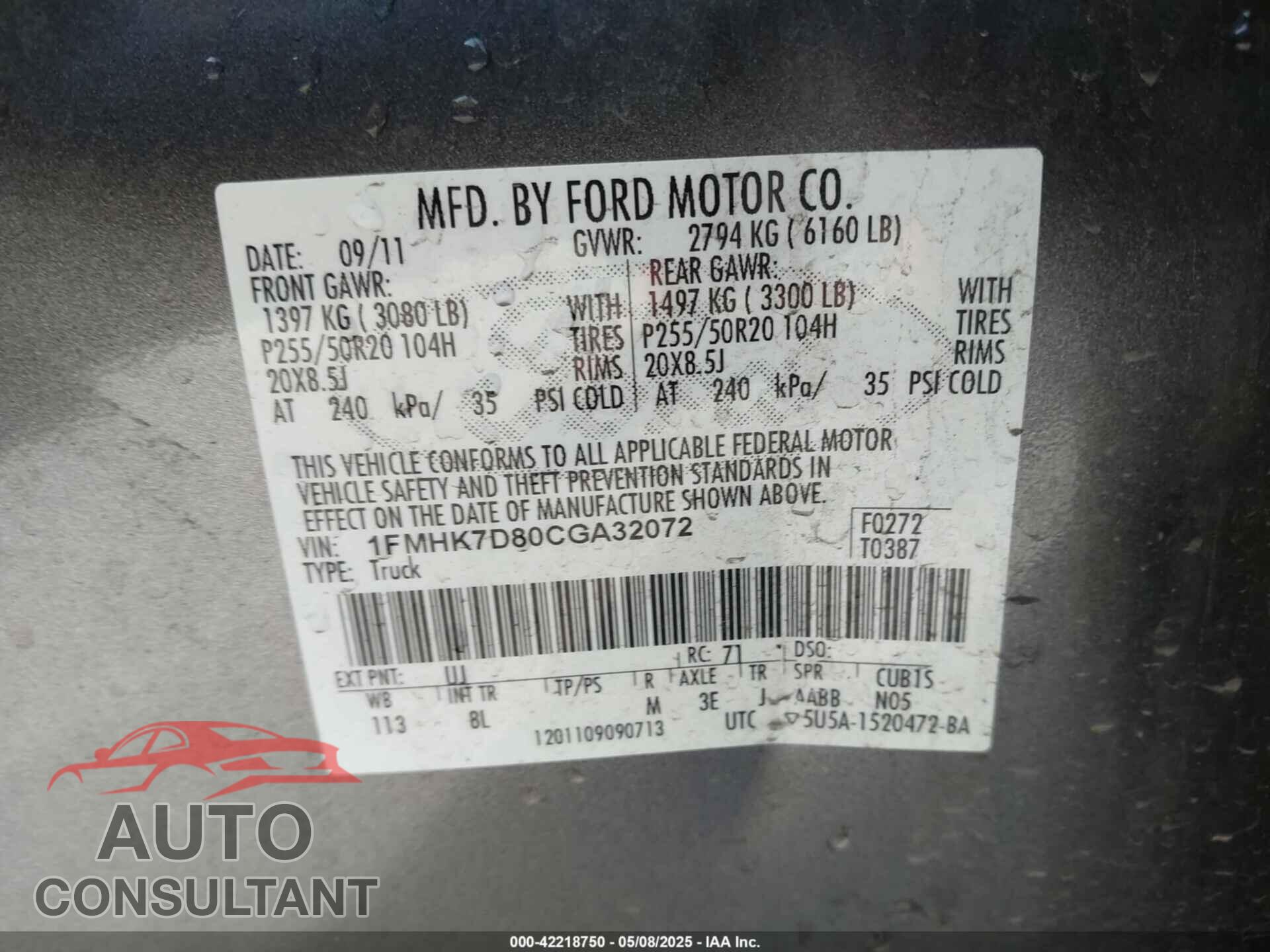 FORD EXPLORER 2012 - 1FMHK7D80CGA32072