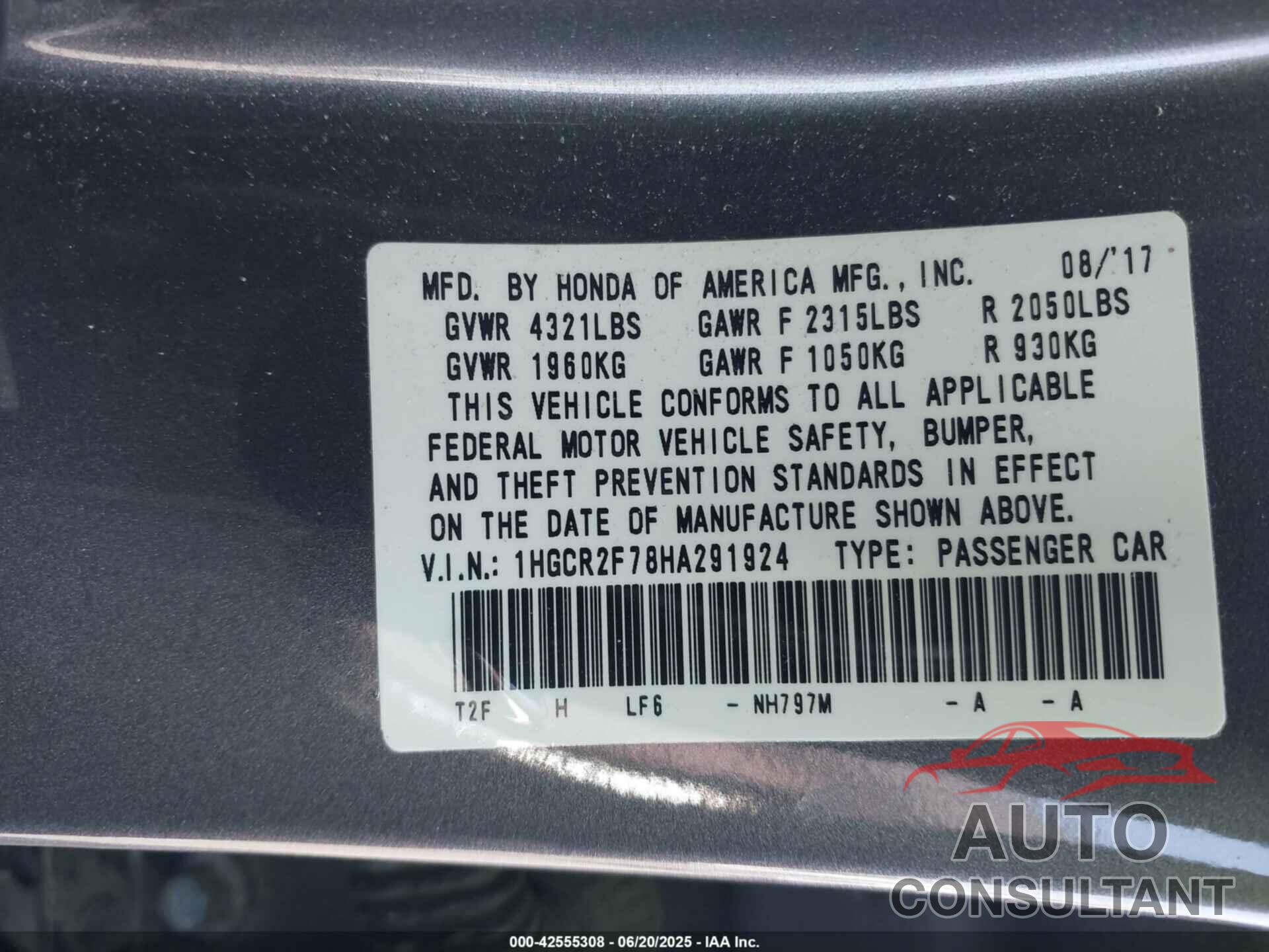 HONDA ACCORD 2017 - 1HGCR2F78HA291924