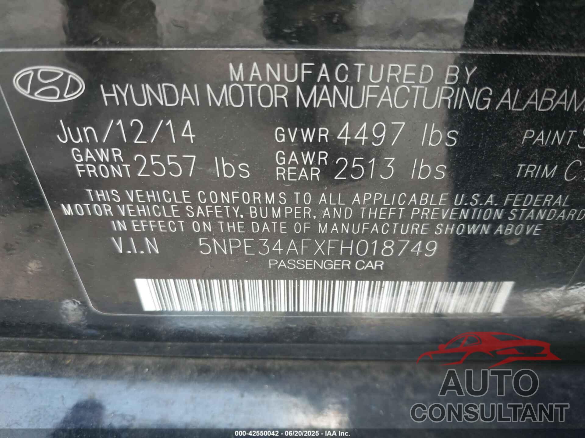 HYUNDAI SONATA 2015 - 5NPE34AFXFH018749