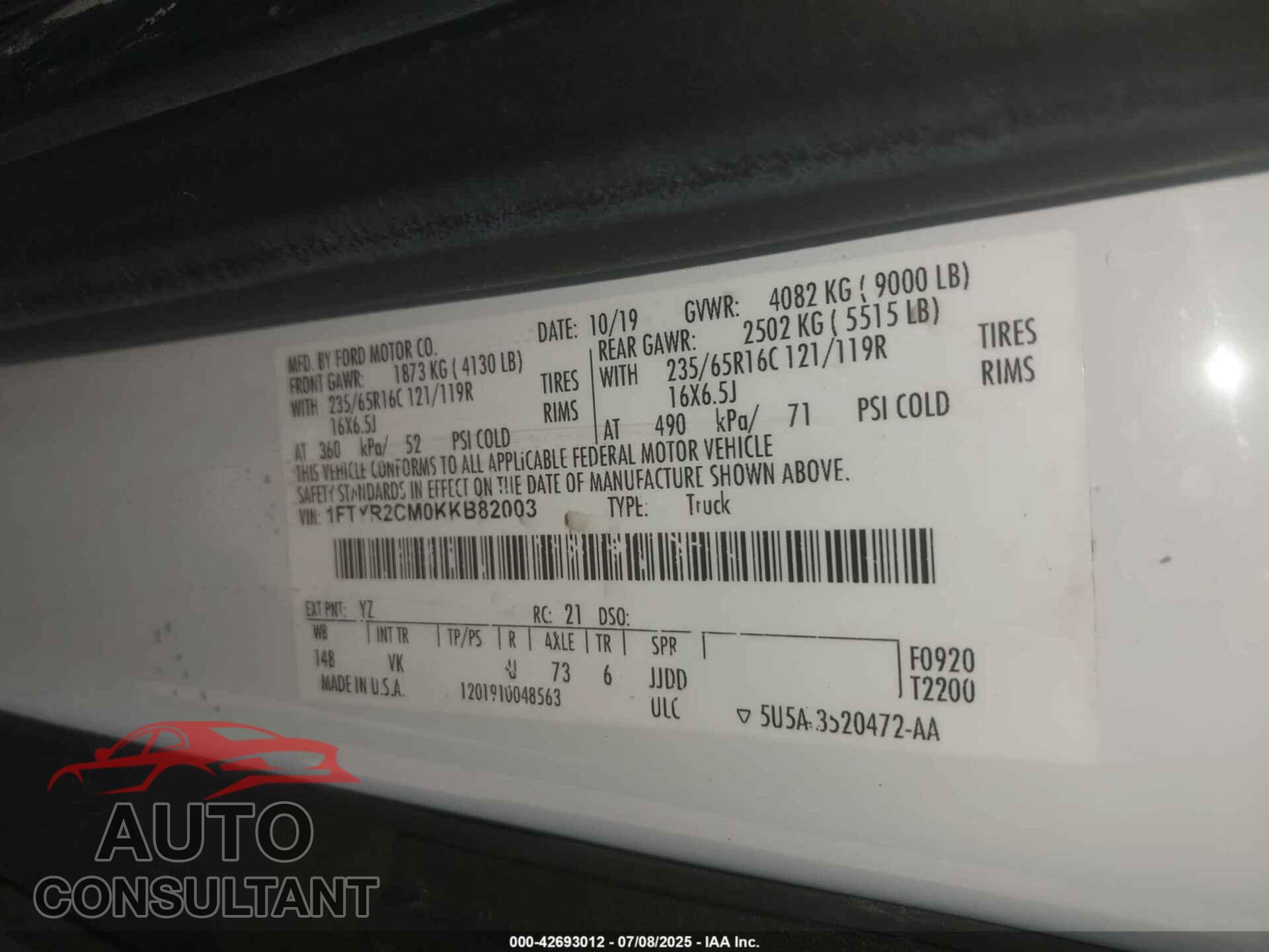 FORD TRANSIT-250 2019 - 1FTYR2CM0KKB82003