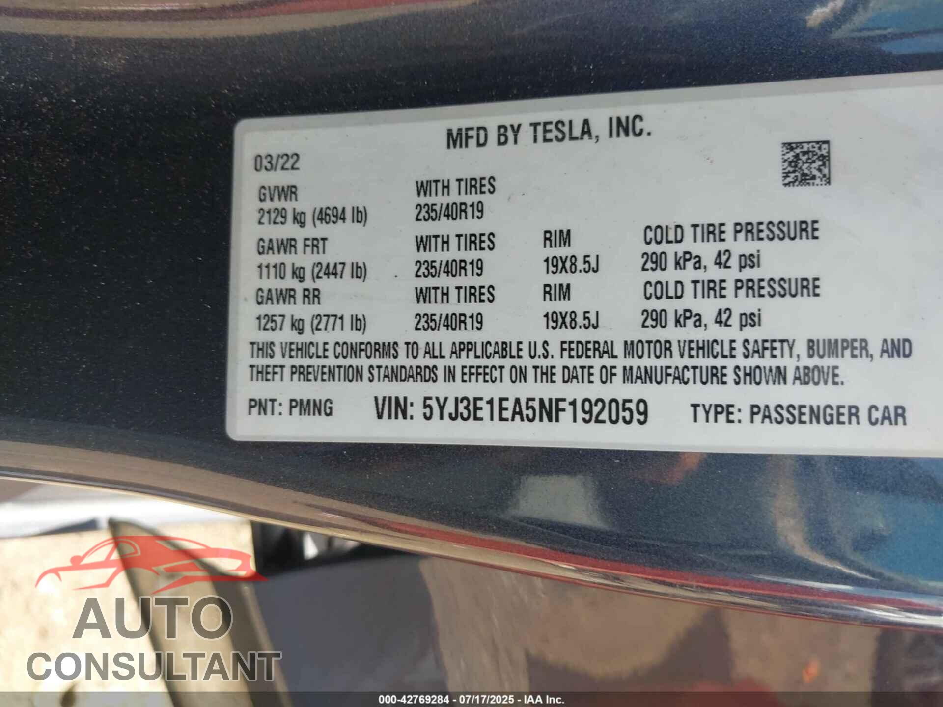 TESLA MODEL 3 2022 - 5YJ3E1EA5NF192059