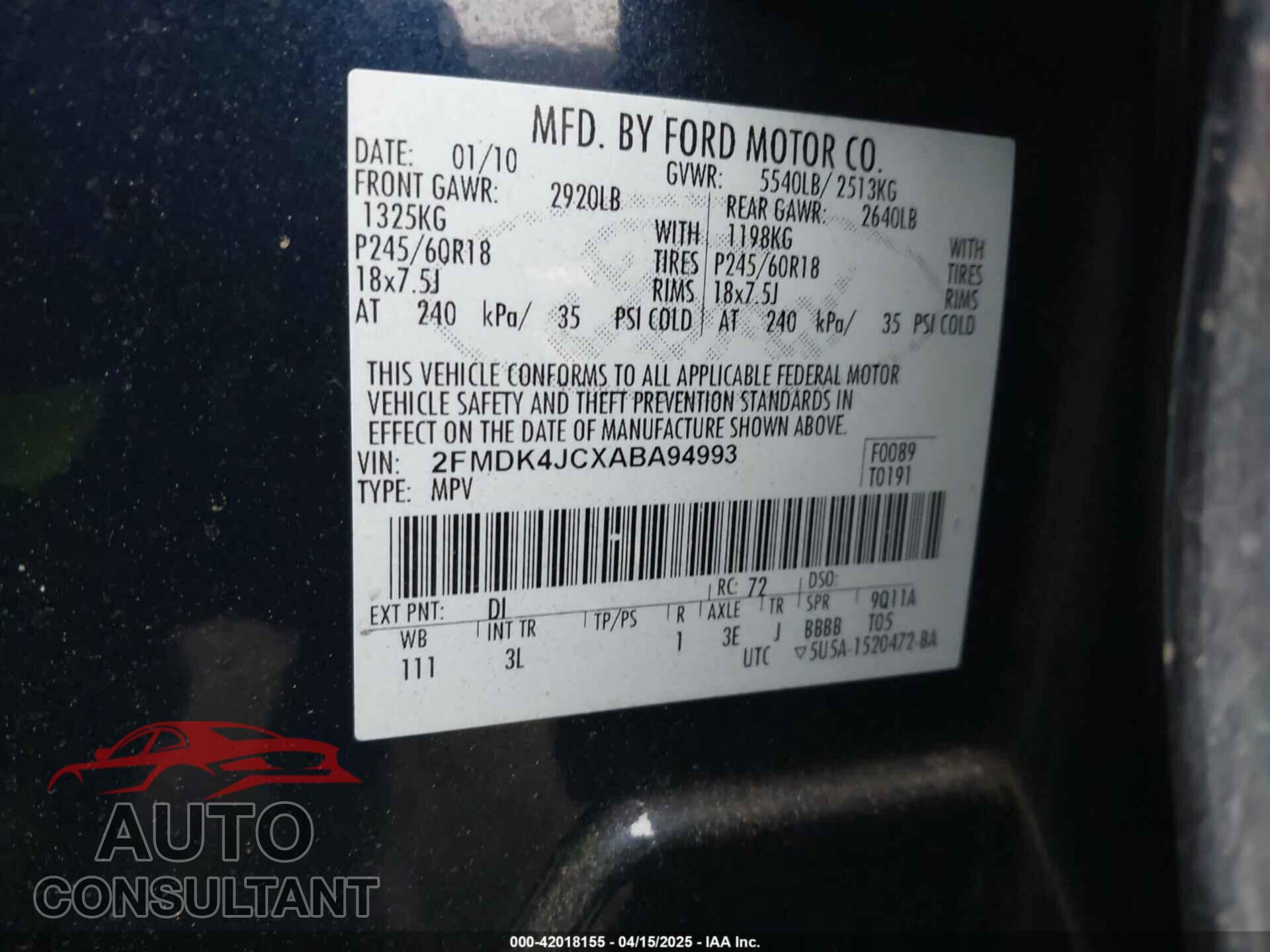 FORD EDGE 2010 - 2FMDK4JCXABA94993