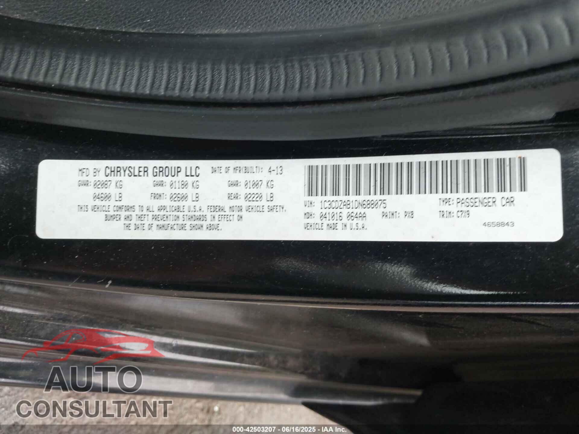 DODGE AVENGER 2013 - 1C3CDZAB1DN688075