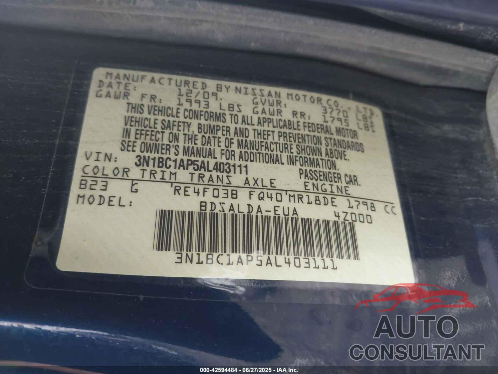 NISSAN VERSA 2010 - 3N1BC1AP5AL403111