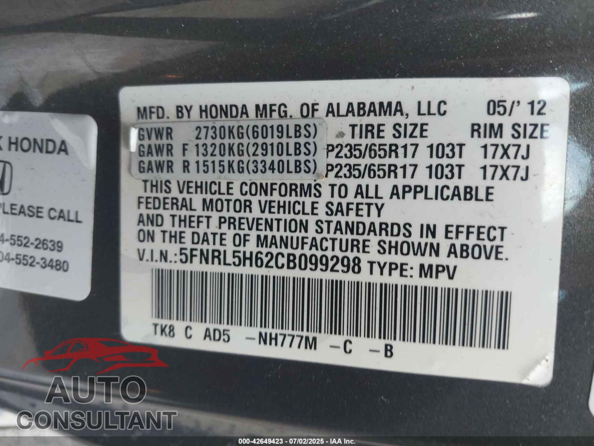 HONDA ODYSSEY 2012 - 5FNRL5H62CB099298