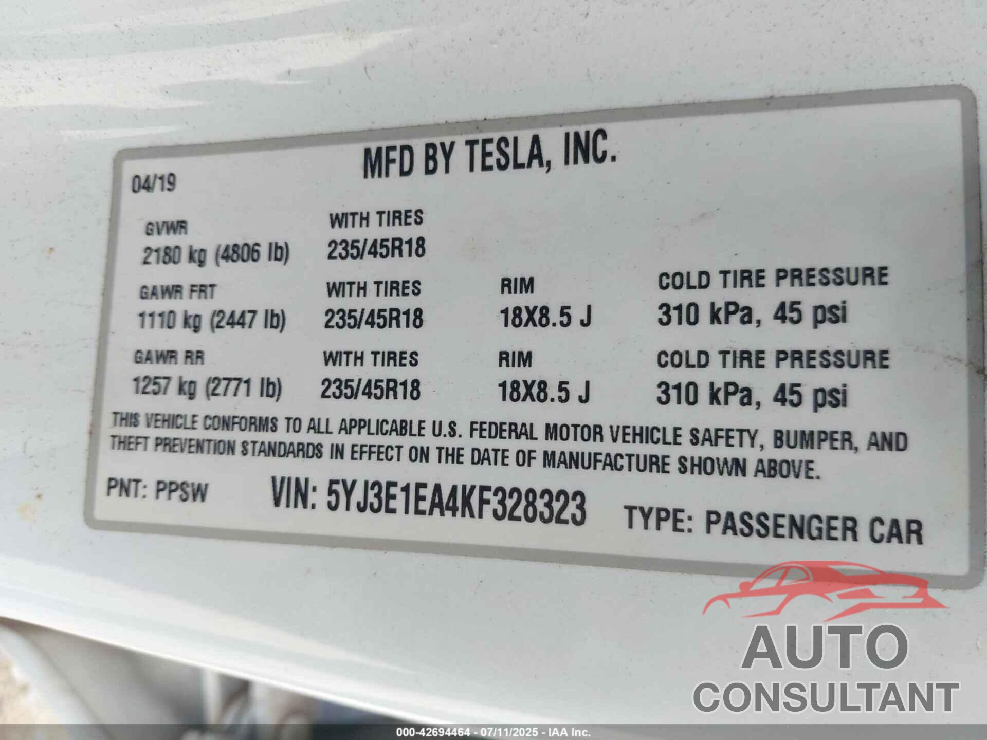 TESLA MODEL 3 2019 - 5YJ3E1EA4KF328323