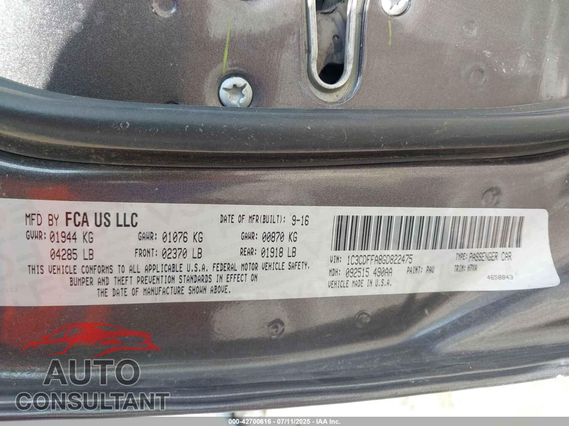 DODGE DART 2016 - 1C3CDFFA8GD822475