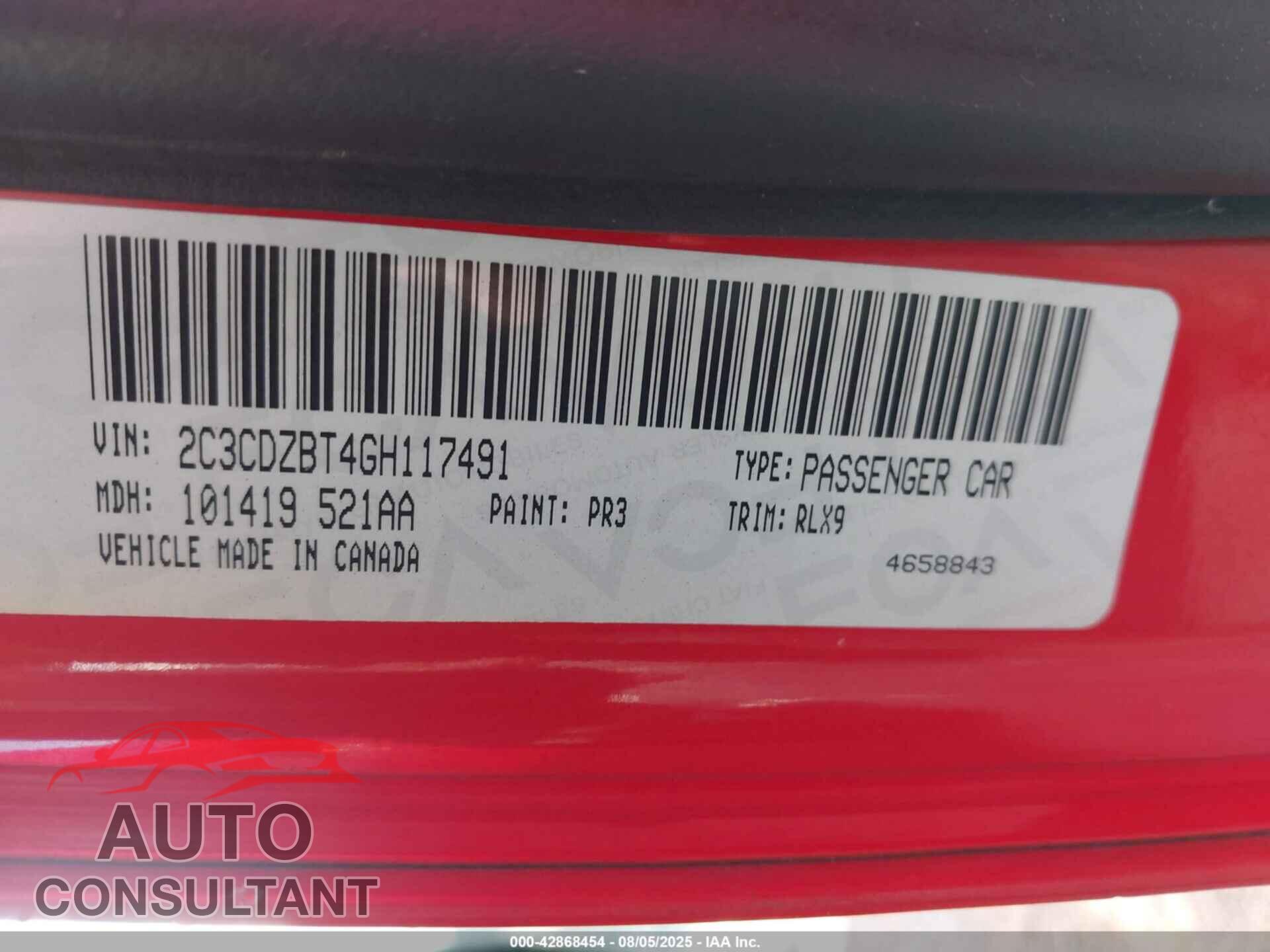 DODGE CHALLENGER 2016 - 2C3CDZBT4GH117491
