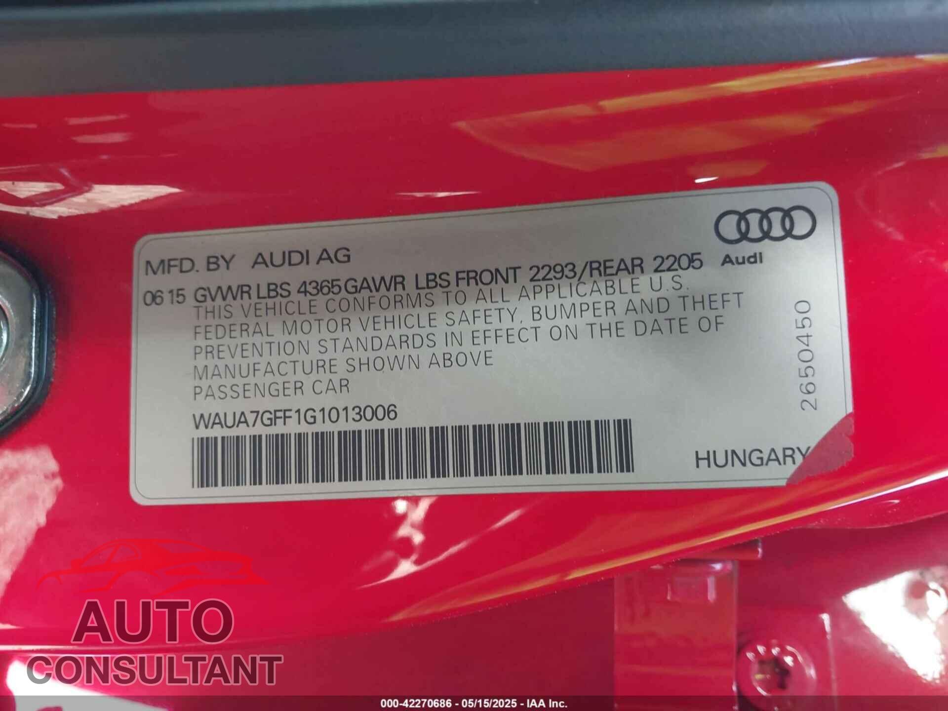 AUDI A3 2016 - WAUA7GFF1G1013006