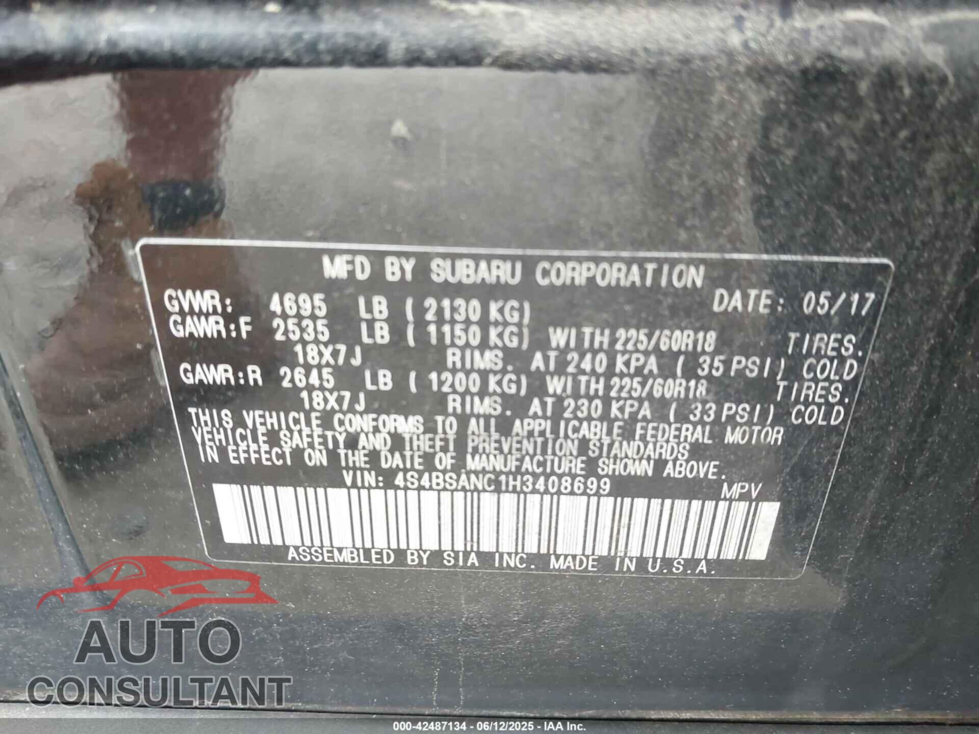 SUBARU OUTBACK 2017 - 4S4BSANC1H3408699