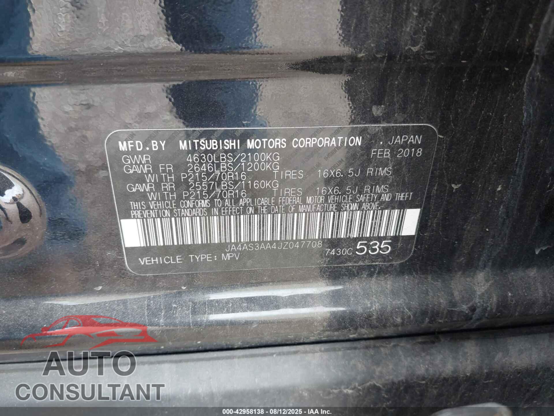 MITSUBISHI ECLIPSE CROSS 2018 - JA4AS3AA4JZ047708