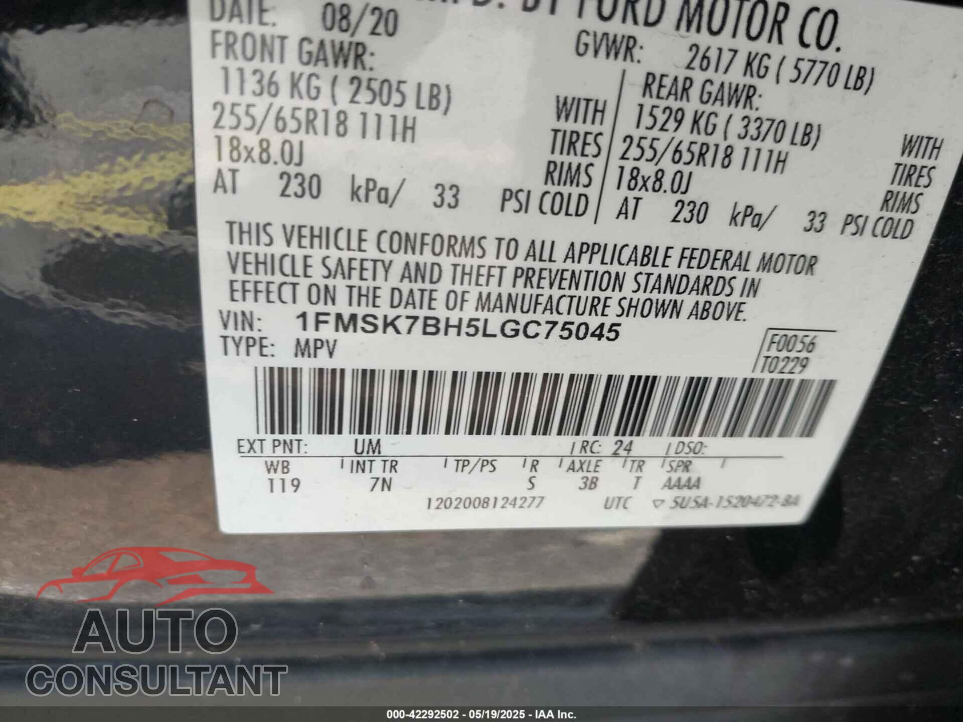 FORD EXPLORER 2020 - 1FMSK7BH5LGC75045