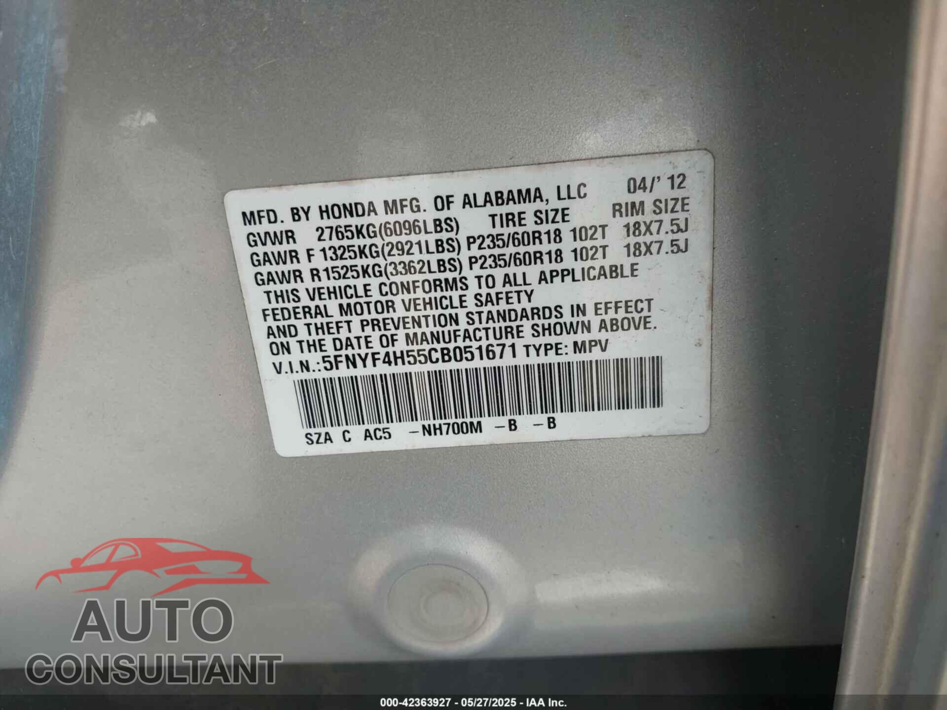 HONDA PILOT 2012 - 5FNYF4H55CB051671