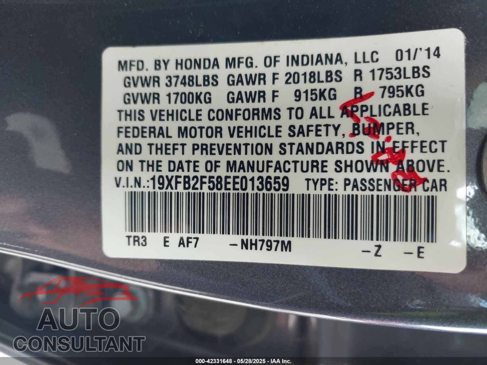 HONDA CIVIC 2014 - 19XFB2F58EE013659