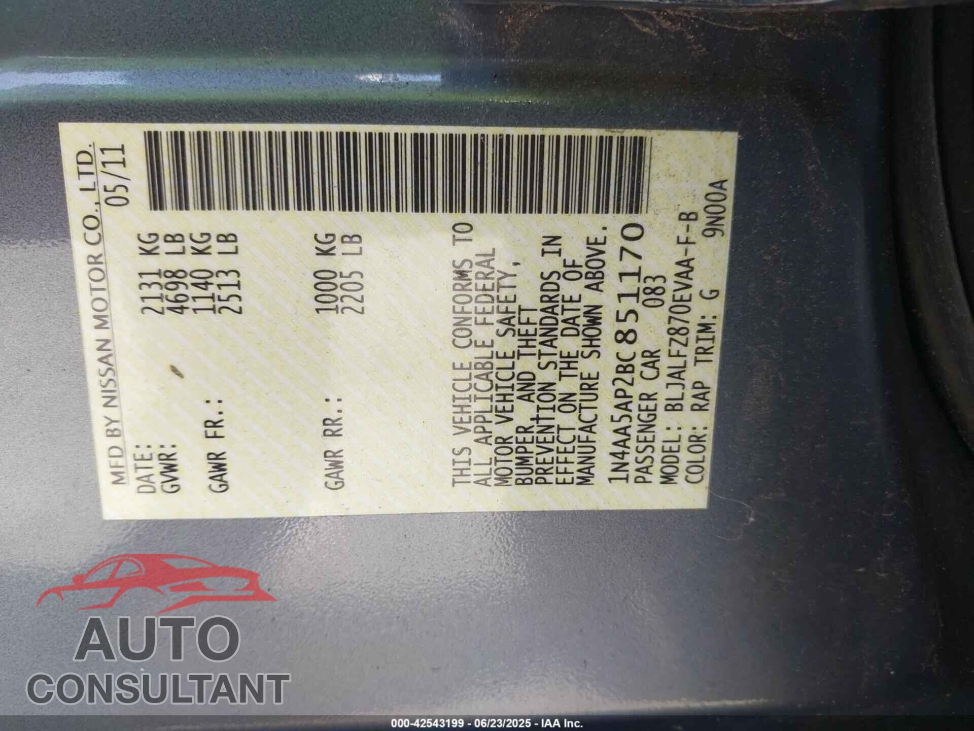 NISSAN MAXIMA 2011 - 1N4AA5AP2BC851170