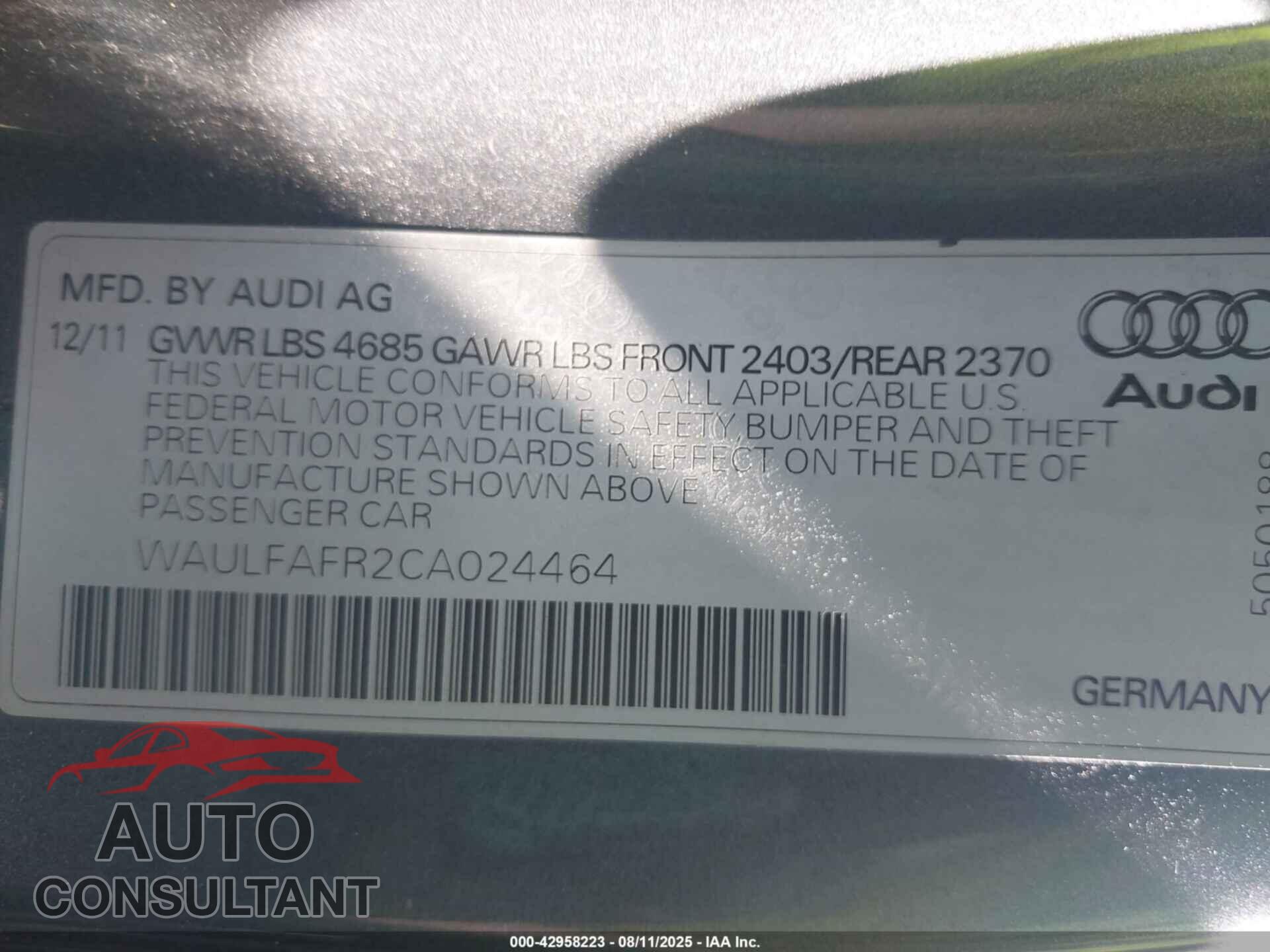 AUDI A5 2012 - WAULFAFR2CA024464