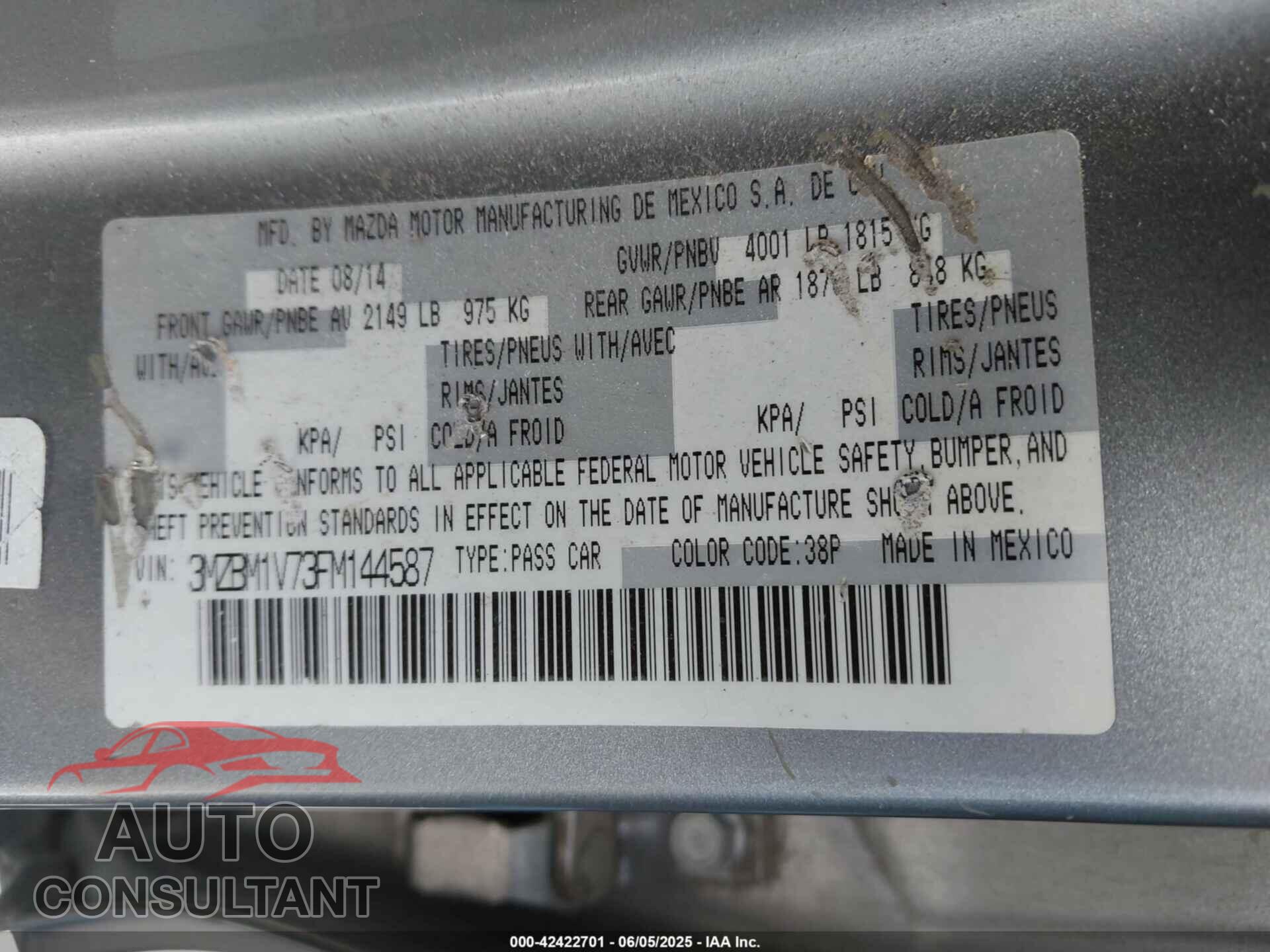 MAZDA MAZDA3 2015 - 3MZBM1V73FM144587