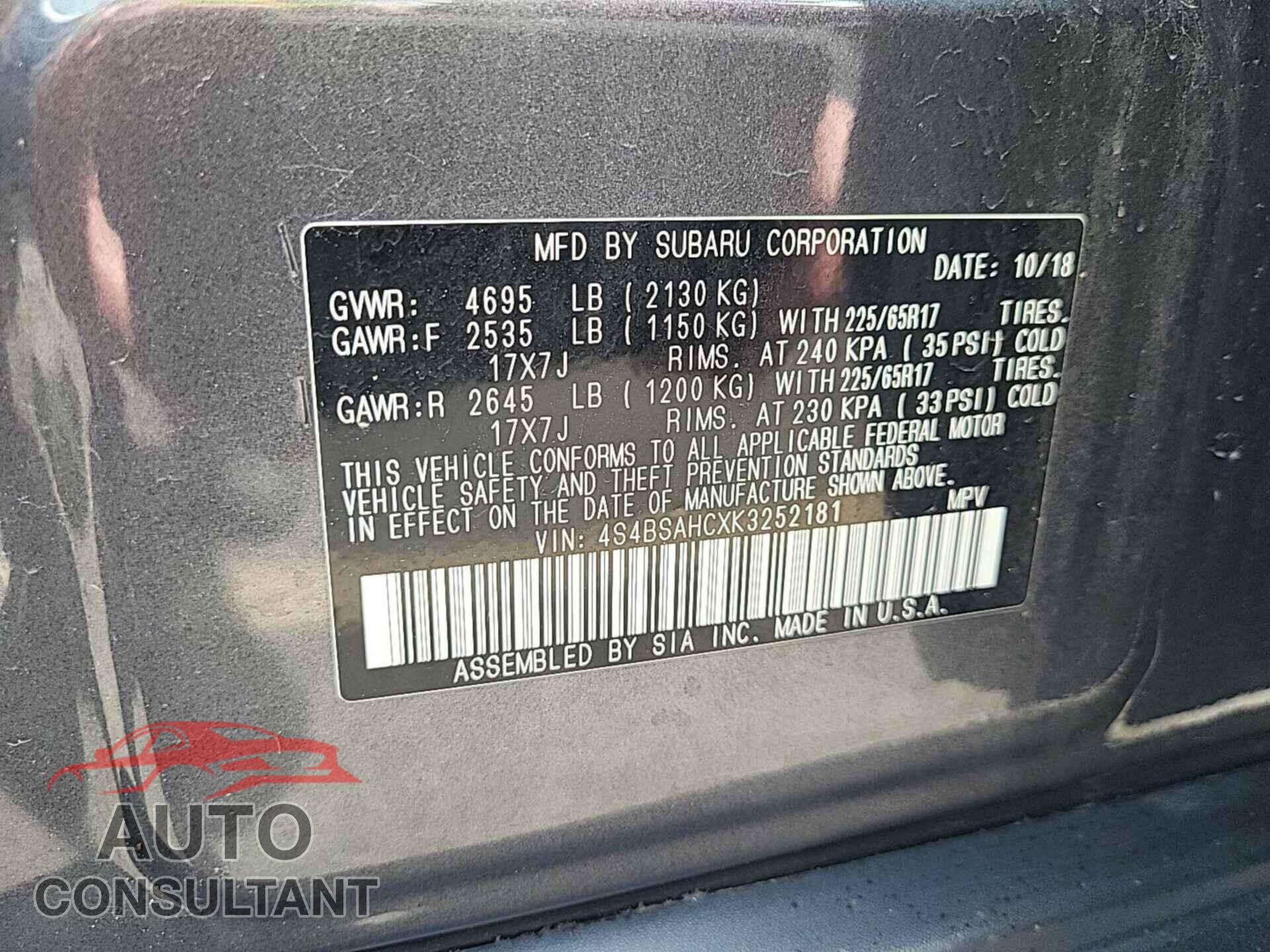 SUBARU OUTBACK 2019 - 4S4BSAHCXK3252181