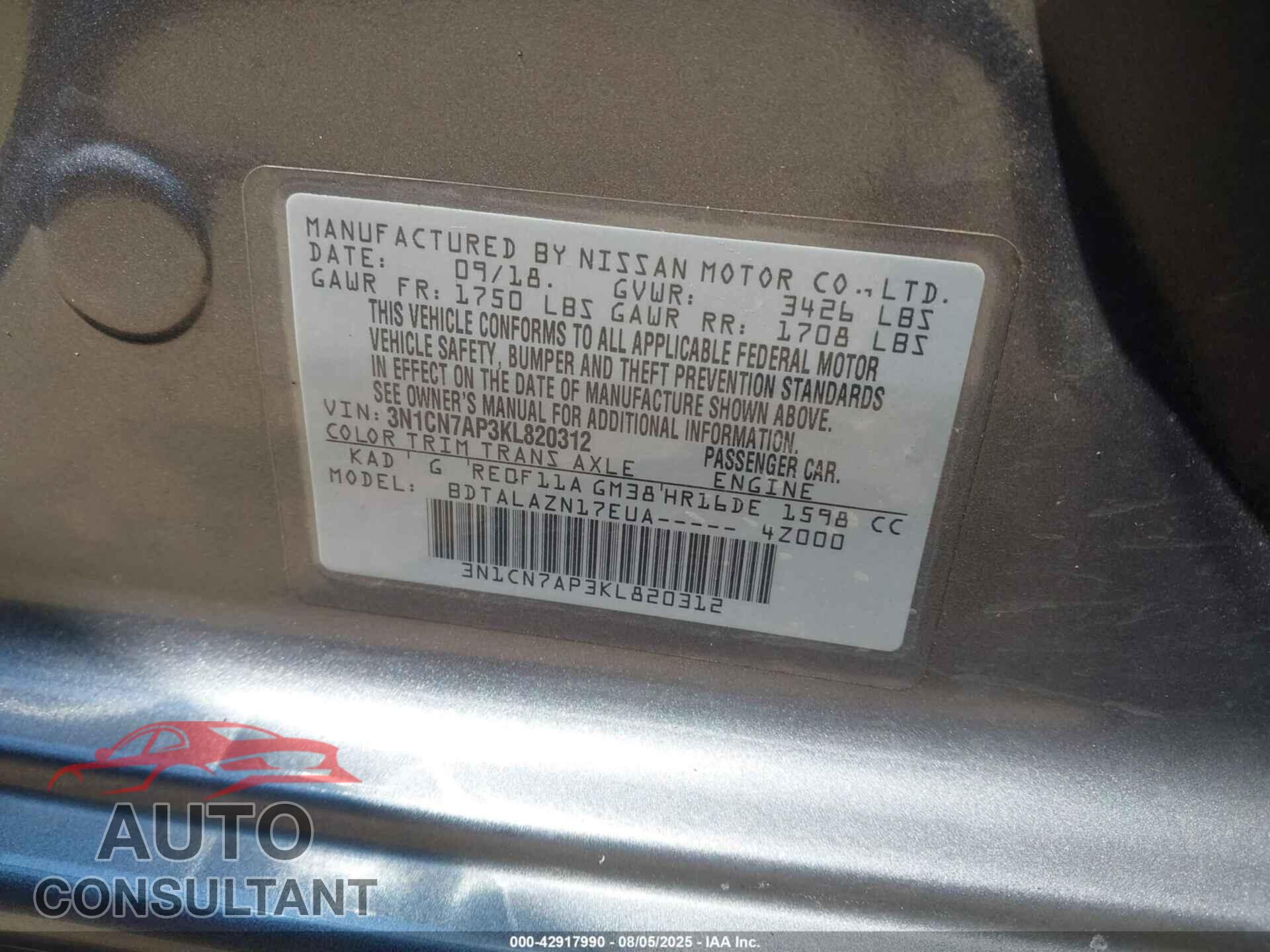 NISSAN VERSA 2019 - 3N1CN7AP3KL820312