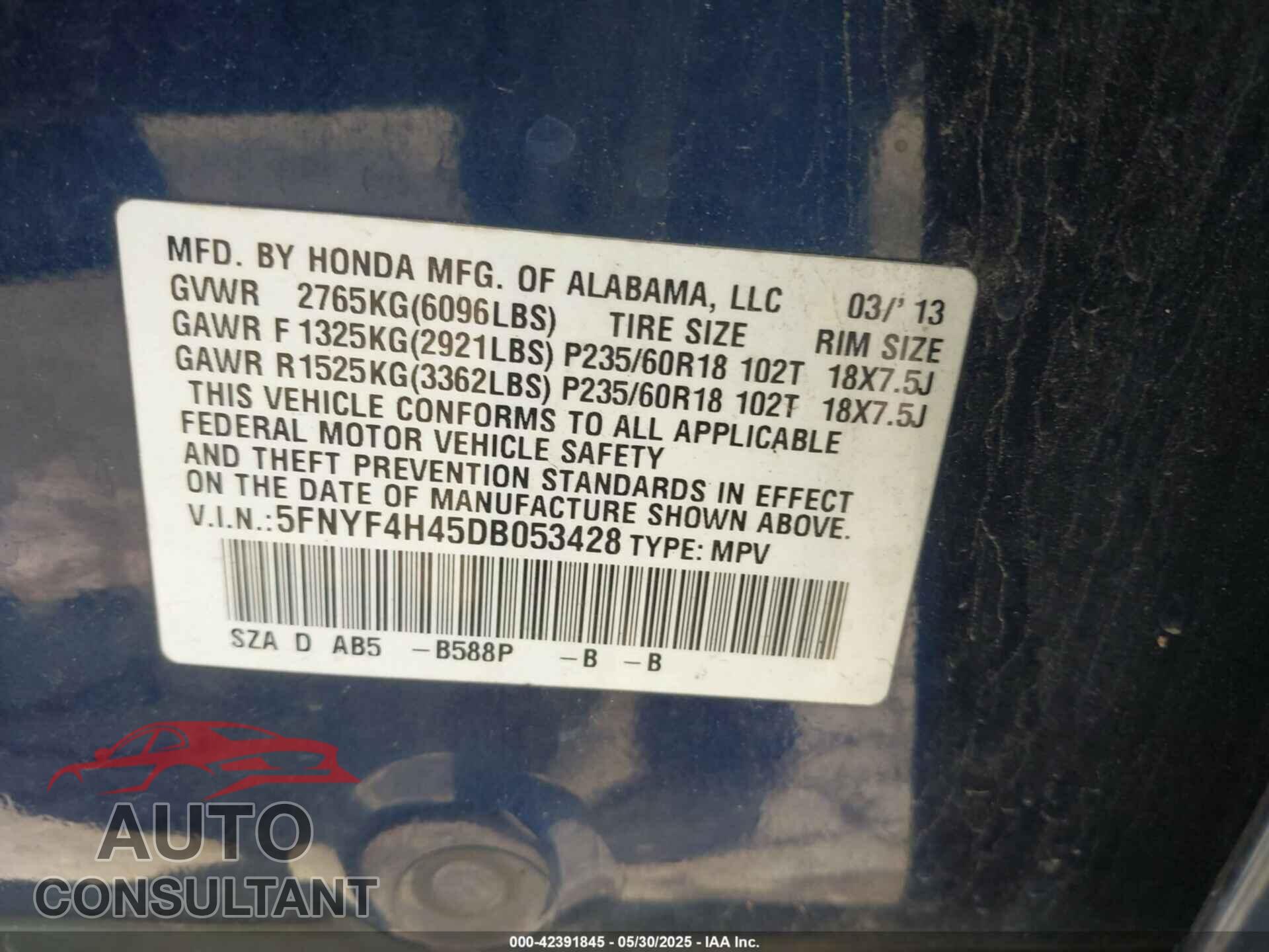 HONDA PILOT 2013 - 5FNYF4H45DB053428