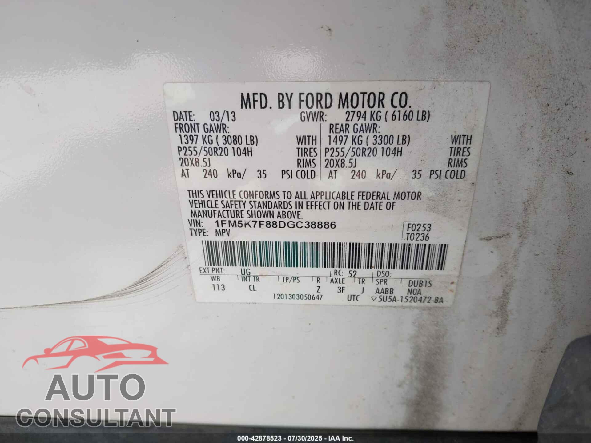 FORD EXPLORER 2013 - 1FM5K7F88DGC38886