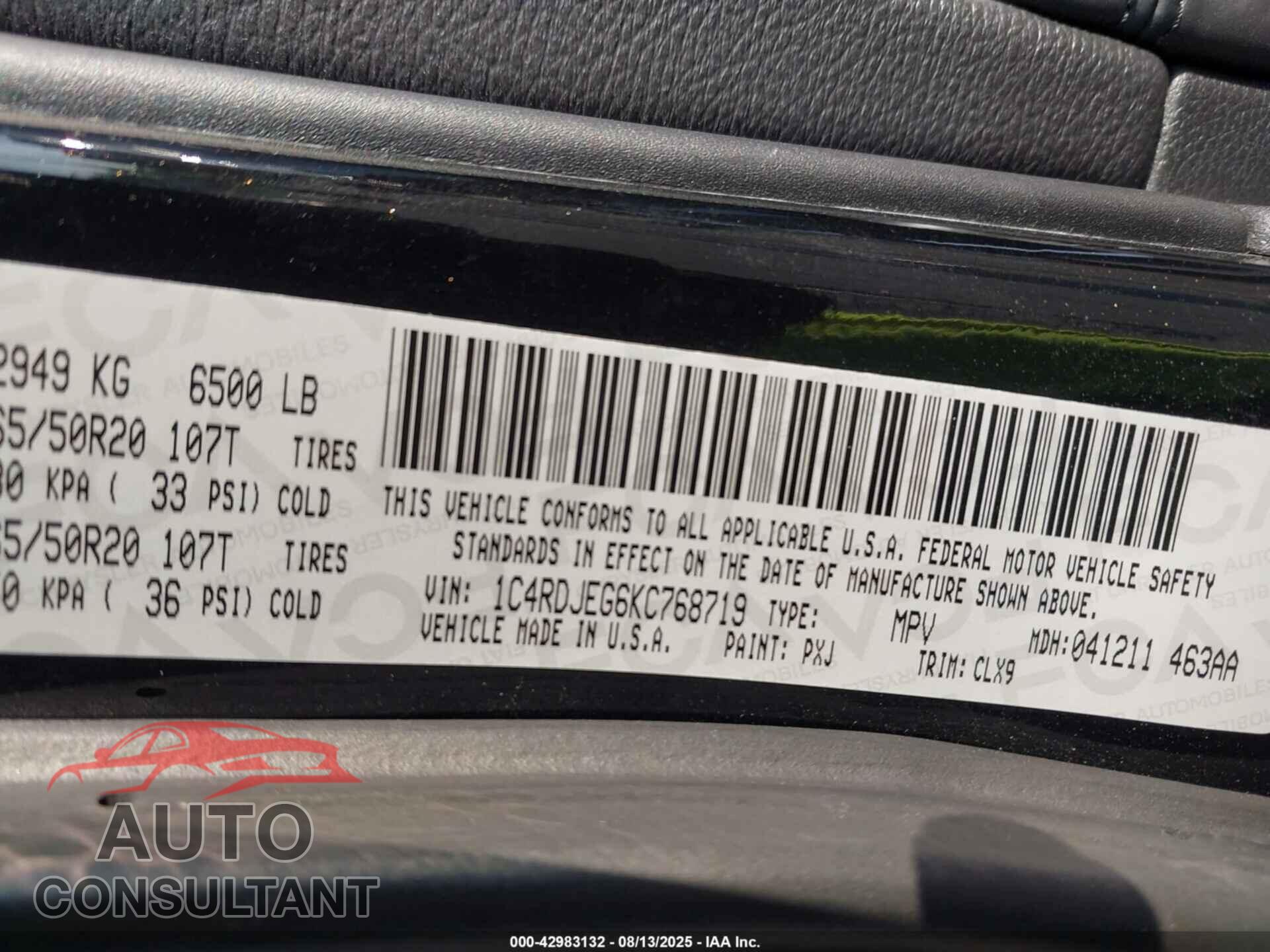 DODGE DURANGO 2019 - 1C4RDJEG6KC768719