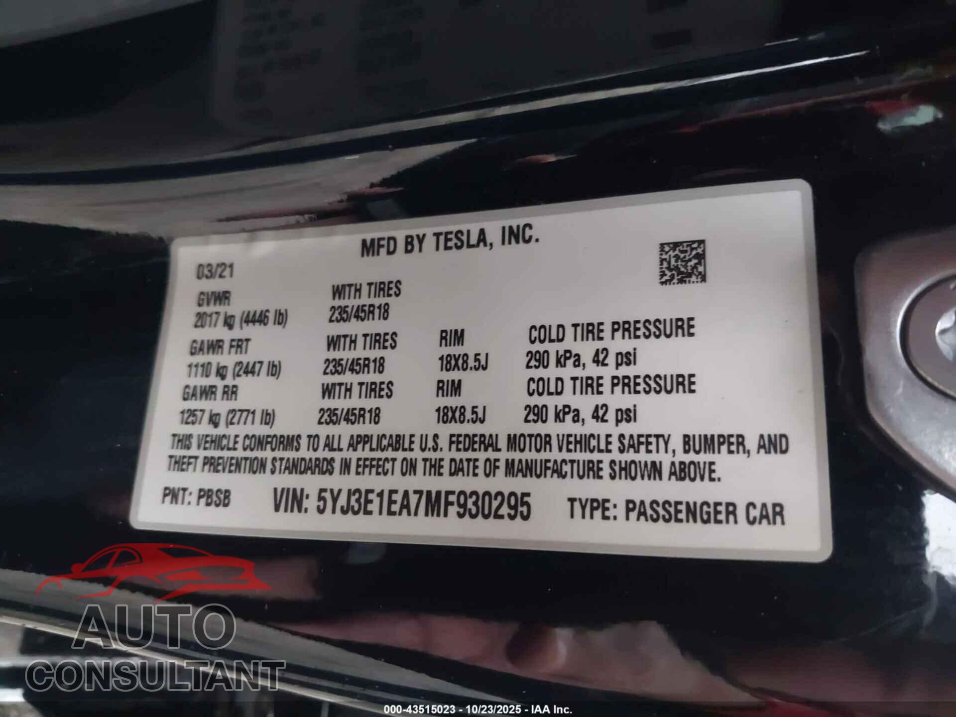 TESLA MODEL 3 2021 - 5YJ3E1EA7MF930295