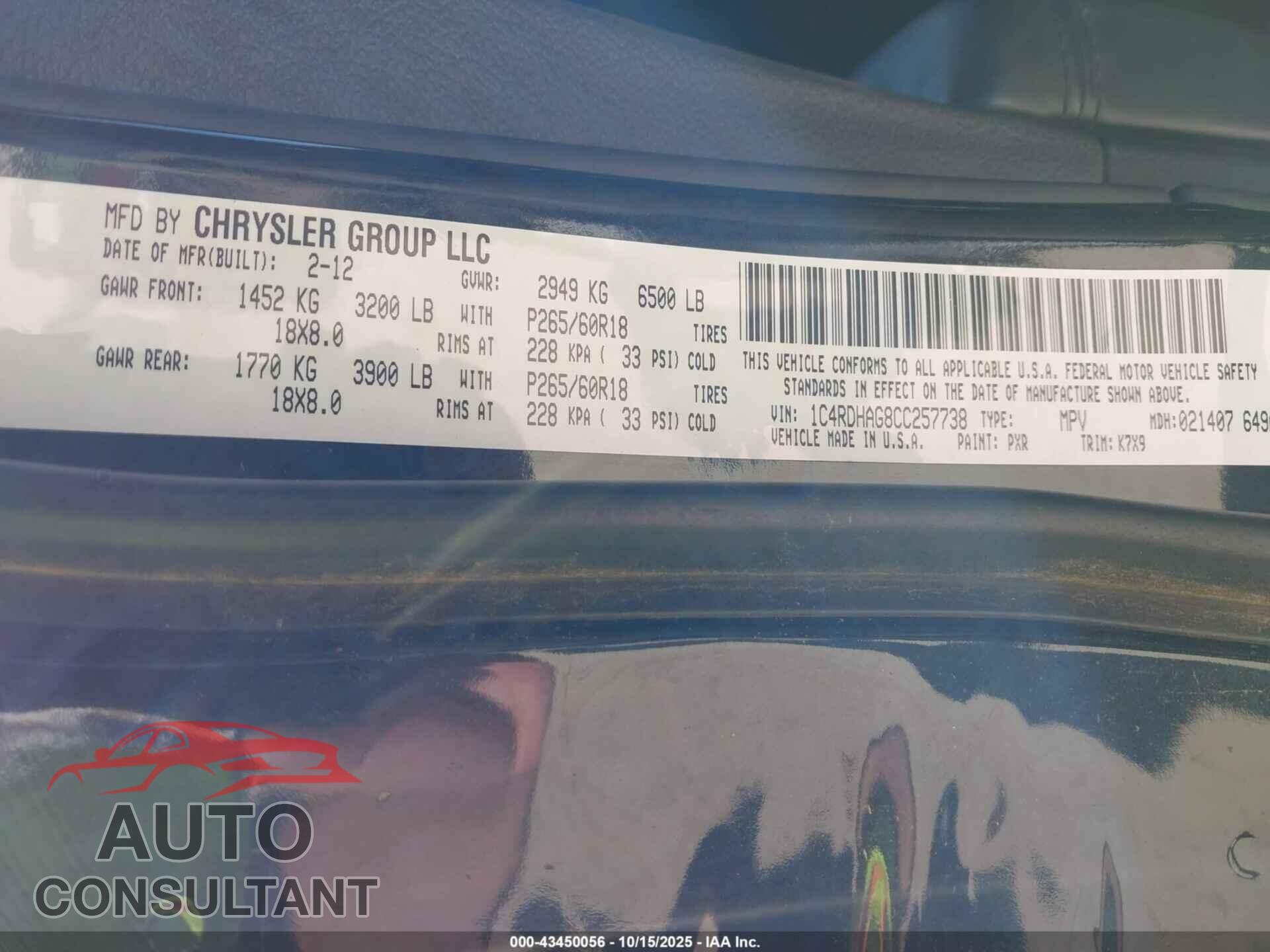 DODGE DURANGO 2012 - 1C4RDHAG8CC257738