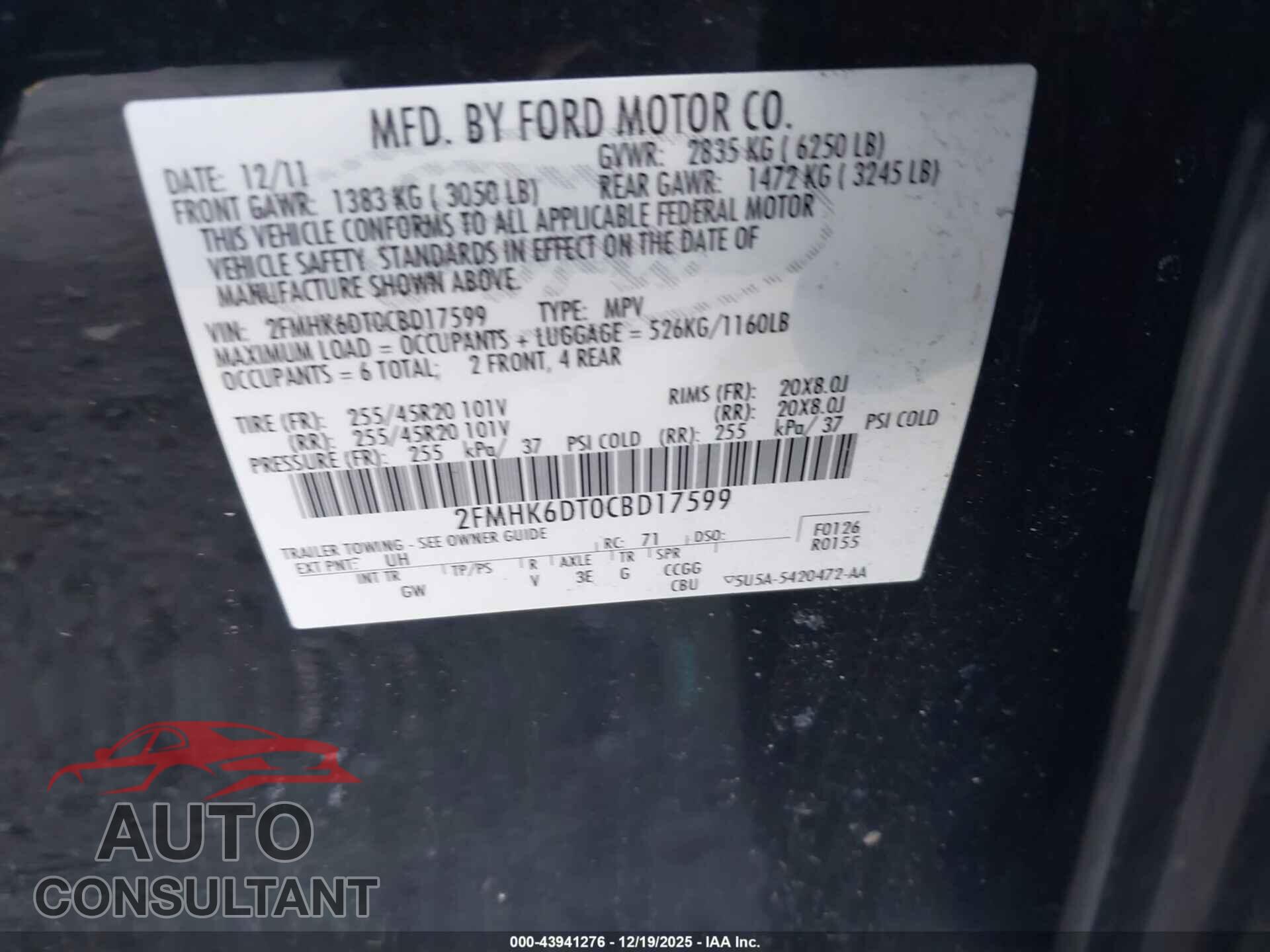 FORD FLEX 2012 - 2FMHK6DT0CBD17599