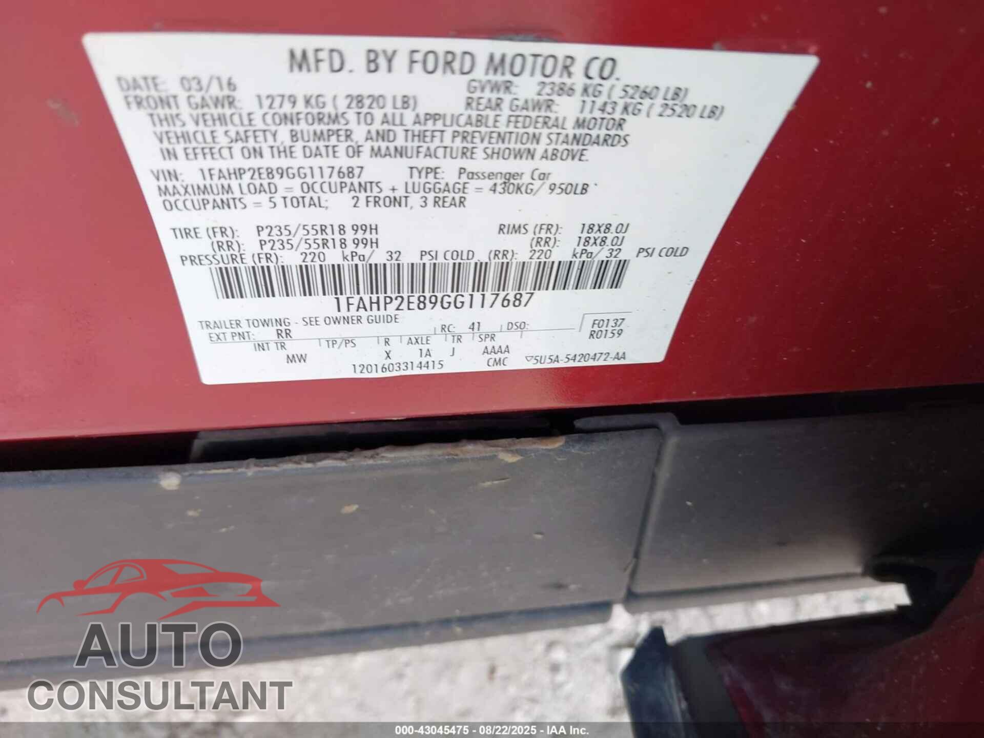 FORD TAURUS 2016 - 1FAHP2E89GG117687