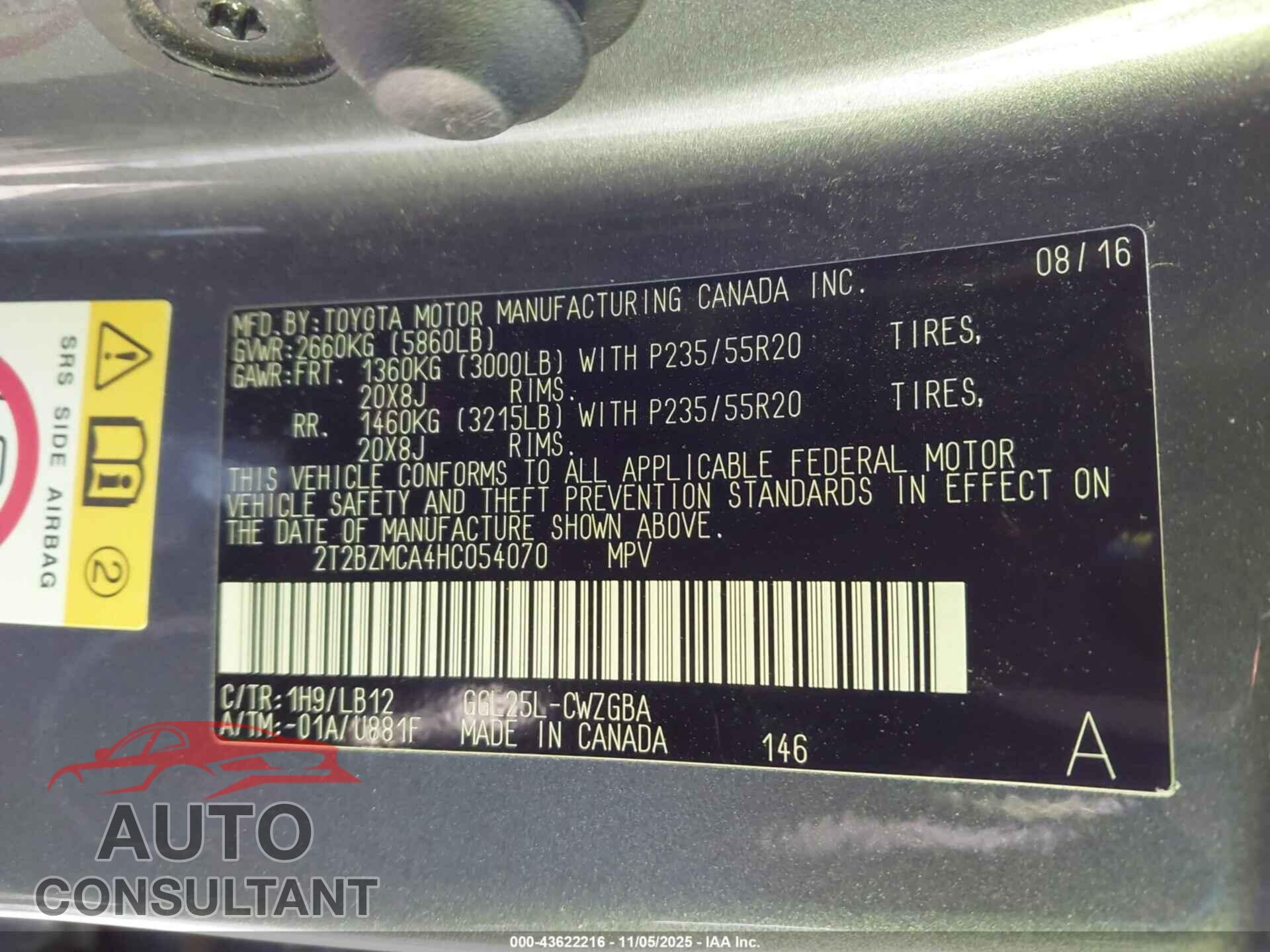 LEXUS RX 350 2017 - 2T2BZMCA4HC054070