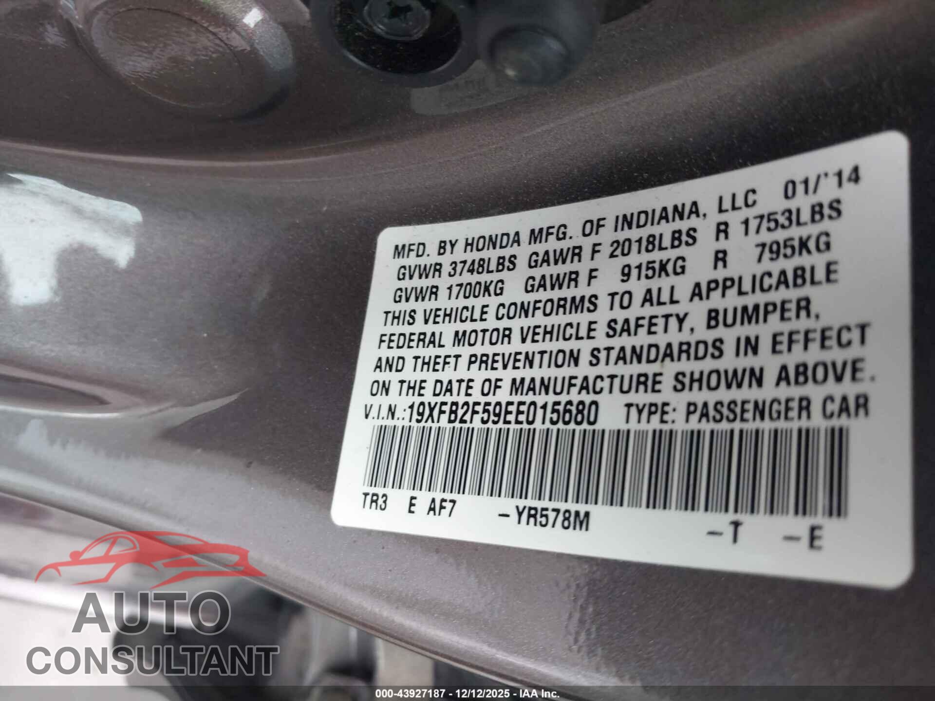 HONDA CIVIC 2014 - 19XFB2F59EE015680