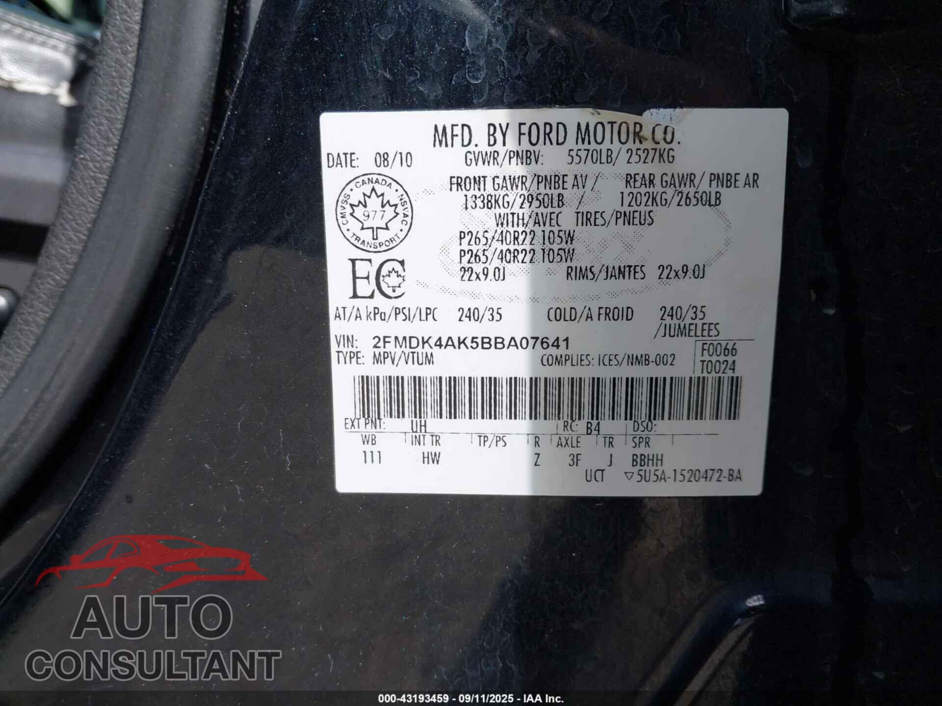 FORD EDGE 2011 - 2FMDK4AK5BBA07641