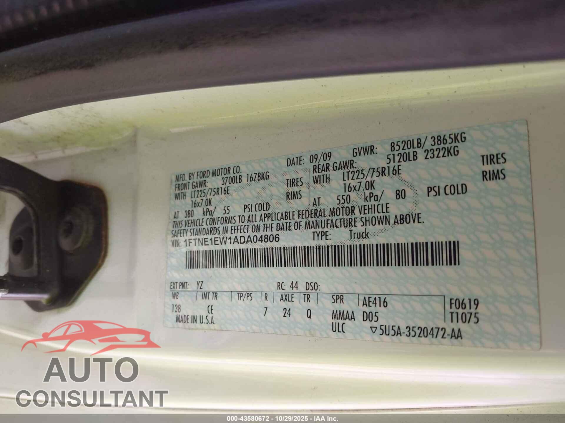 FORD E-150 2010 - 1FTNE1EW1ADA04806