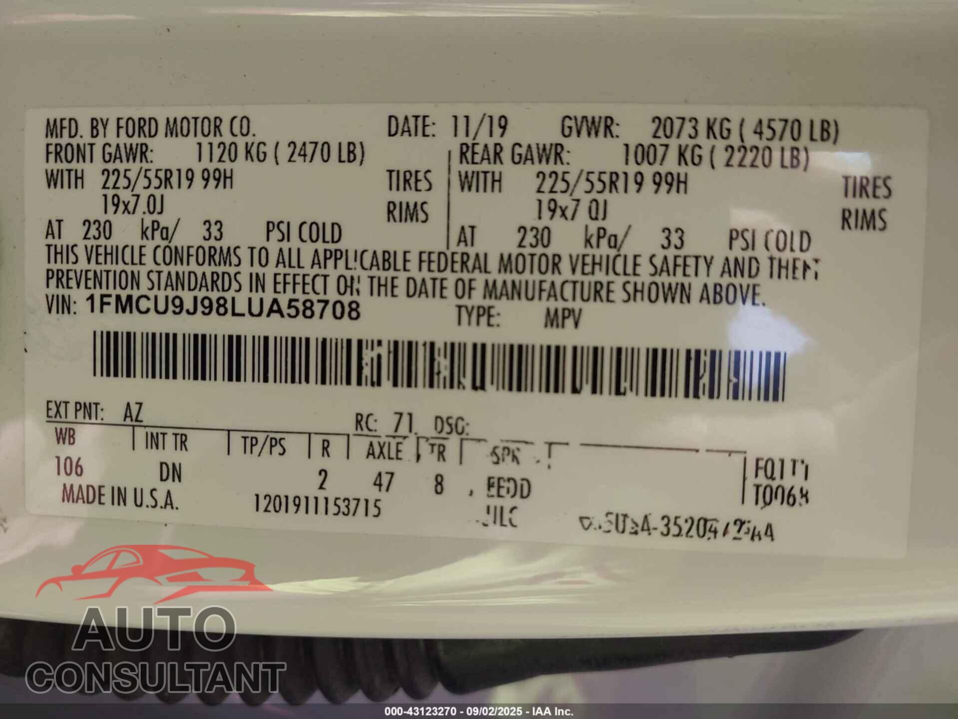 FORD ESCAPE 2020 - 1FMCU9J98LUA58708