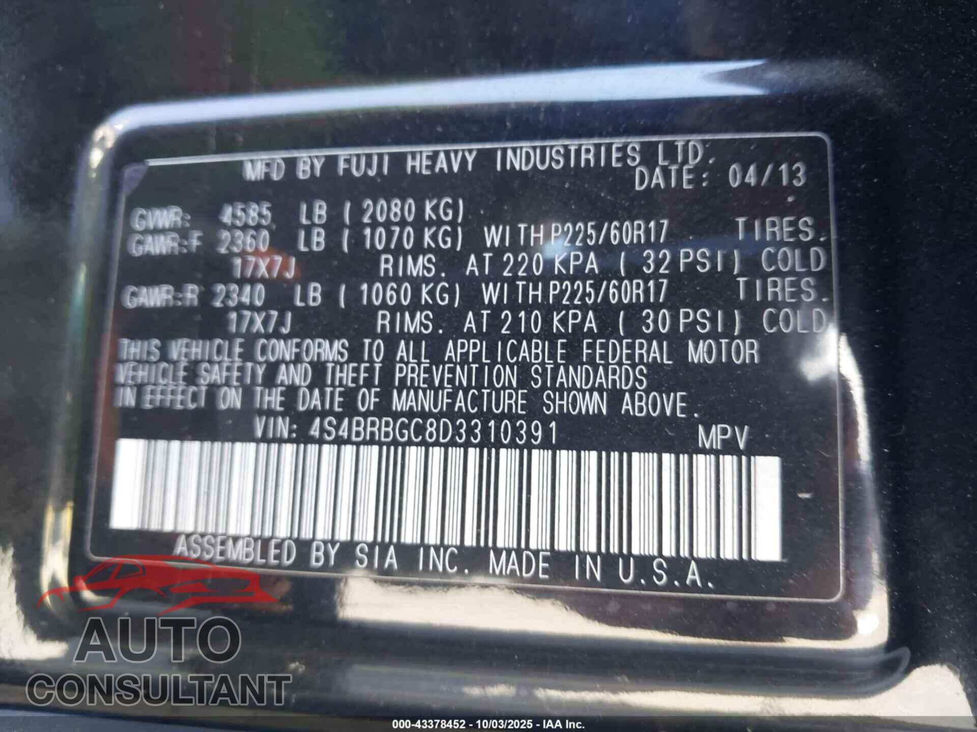 SUBARU OUTBACK 2013 - 4S4BRBGC8D3310391