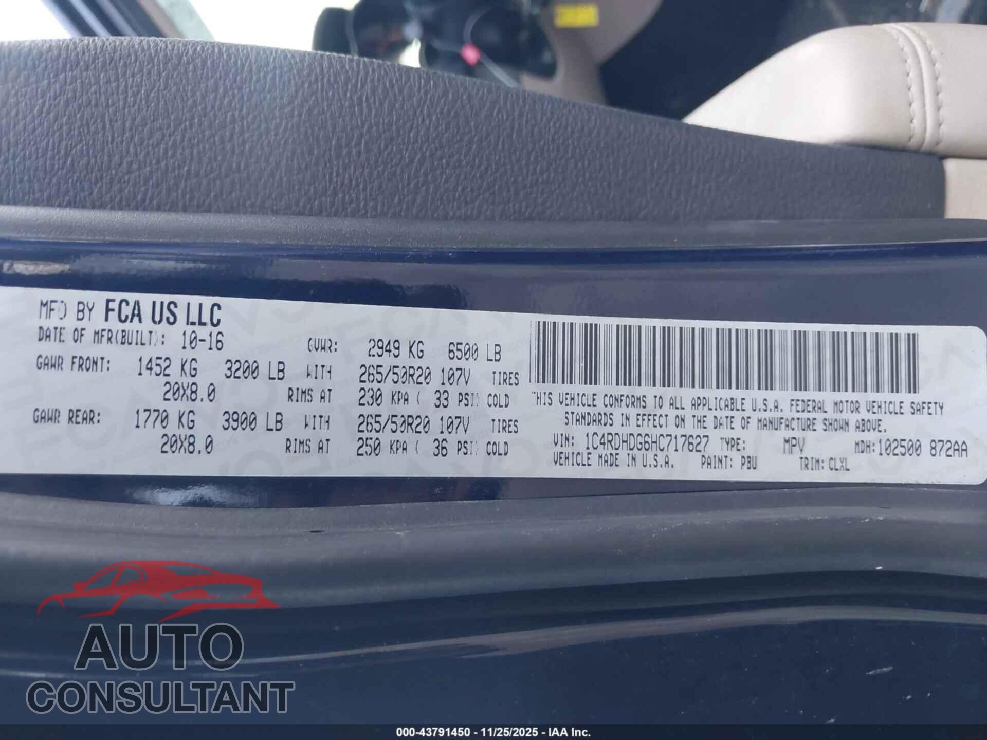 DODGE DURANGO 2017 - 1C4RDHDG6HC717627