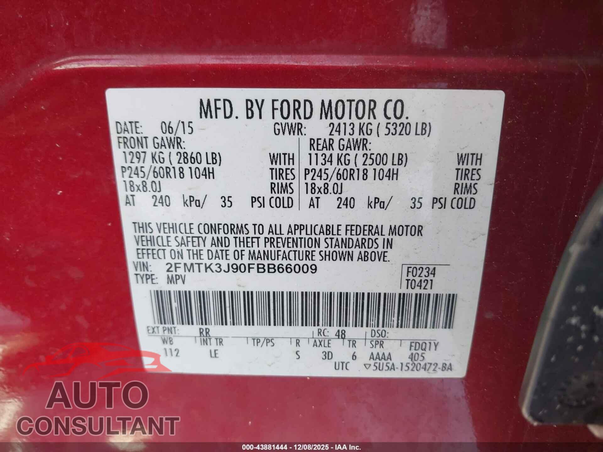 FORD EDGE 2015 - 2FMTK3J90FBB66009