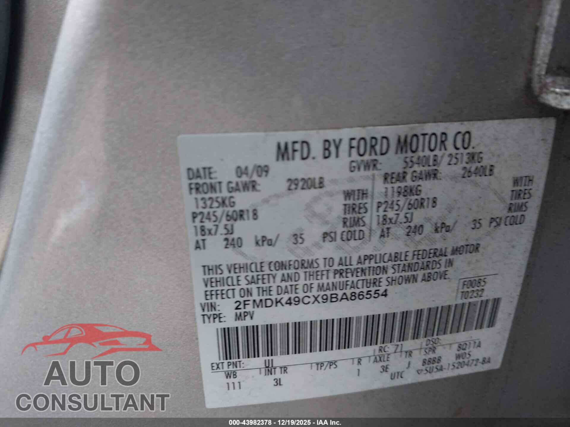 FORD EDGE 2009 - 2FMDK49CX9BA86554