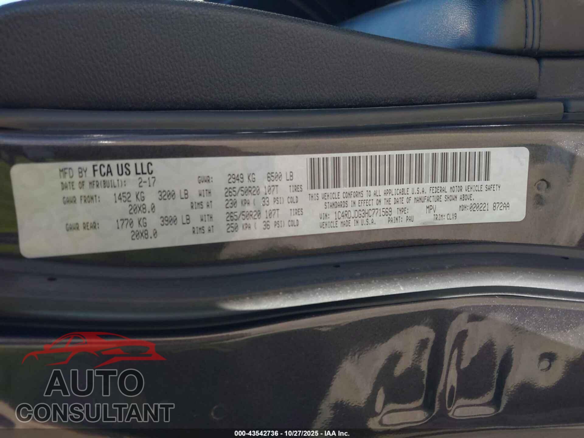 DODGE DURANGO 2017 - 1C4RDJDG3HC771569