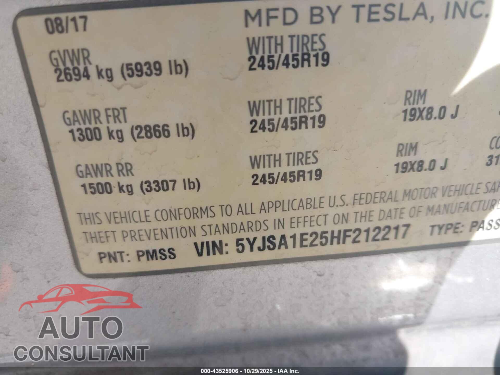 TESLA MODEL S 2017 - 5YJSA1E25HF212217