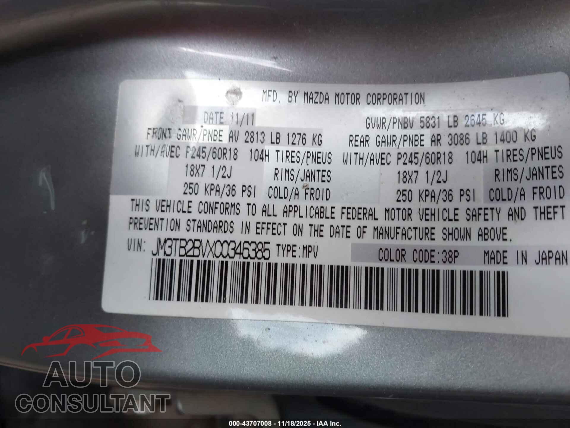 MAZDA CX-9 2012 - JM3TB2BVXC0346385